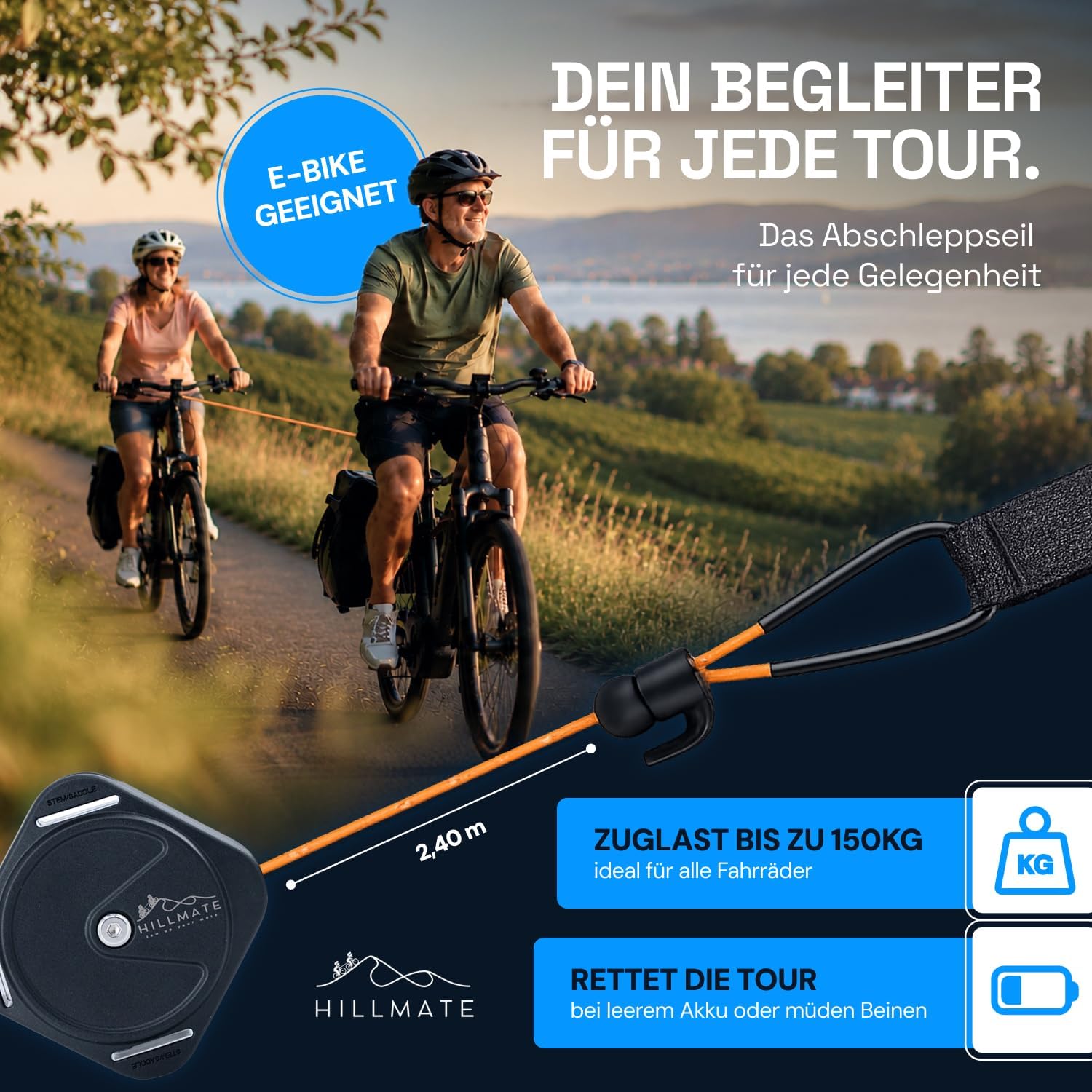 Fahrrad Abschleppseil – Belastbar bis 150 kg – Flexible Abschlepphilfe