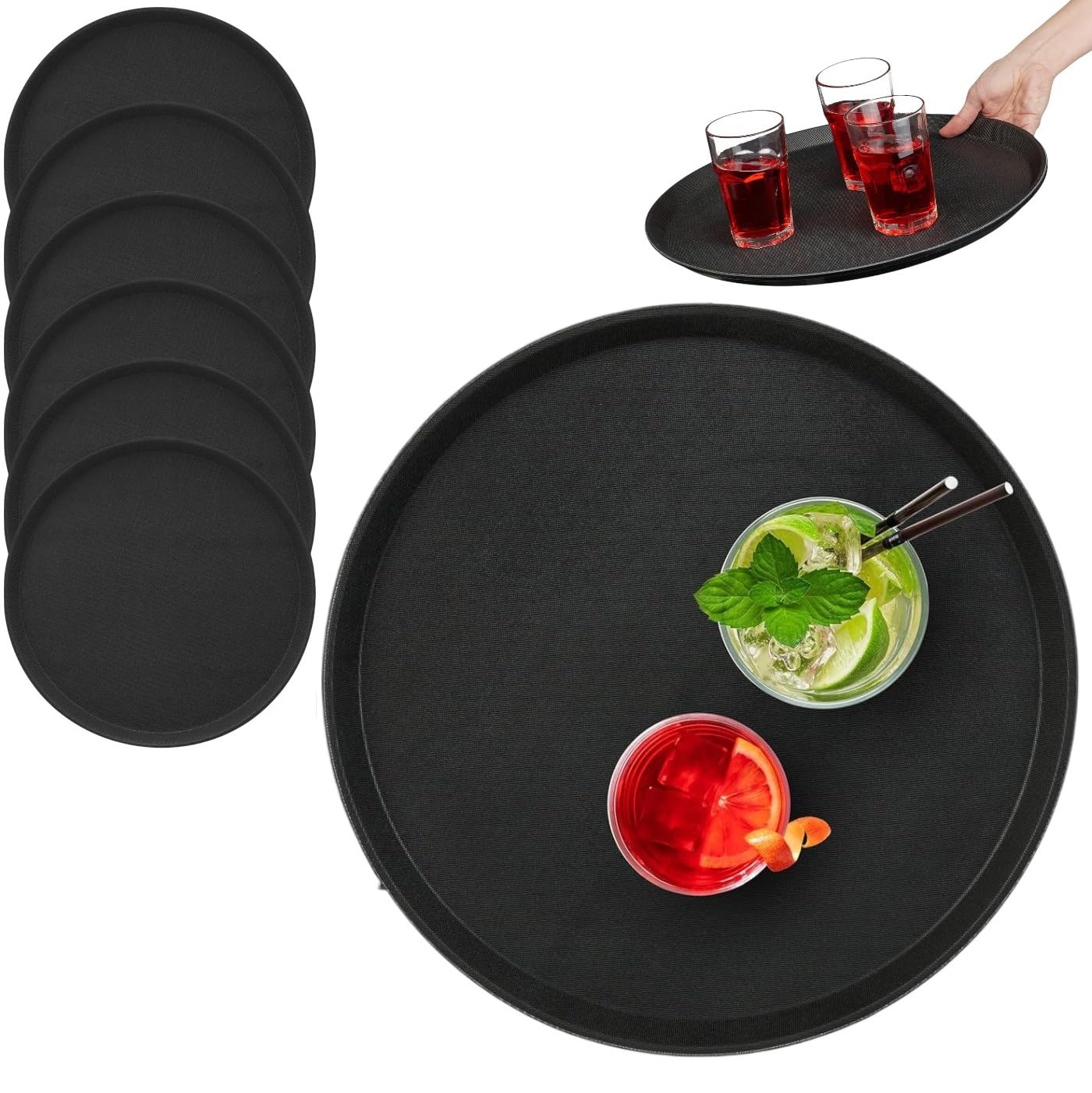 Set de Bandejas para Servir Camareros, Bar, Gastro, Redondas 40cm Ø, Gastronomía, Tabla Servir, Revestimiento Antideslizante Borde Alto (6X Color Negro)