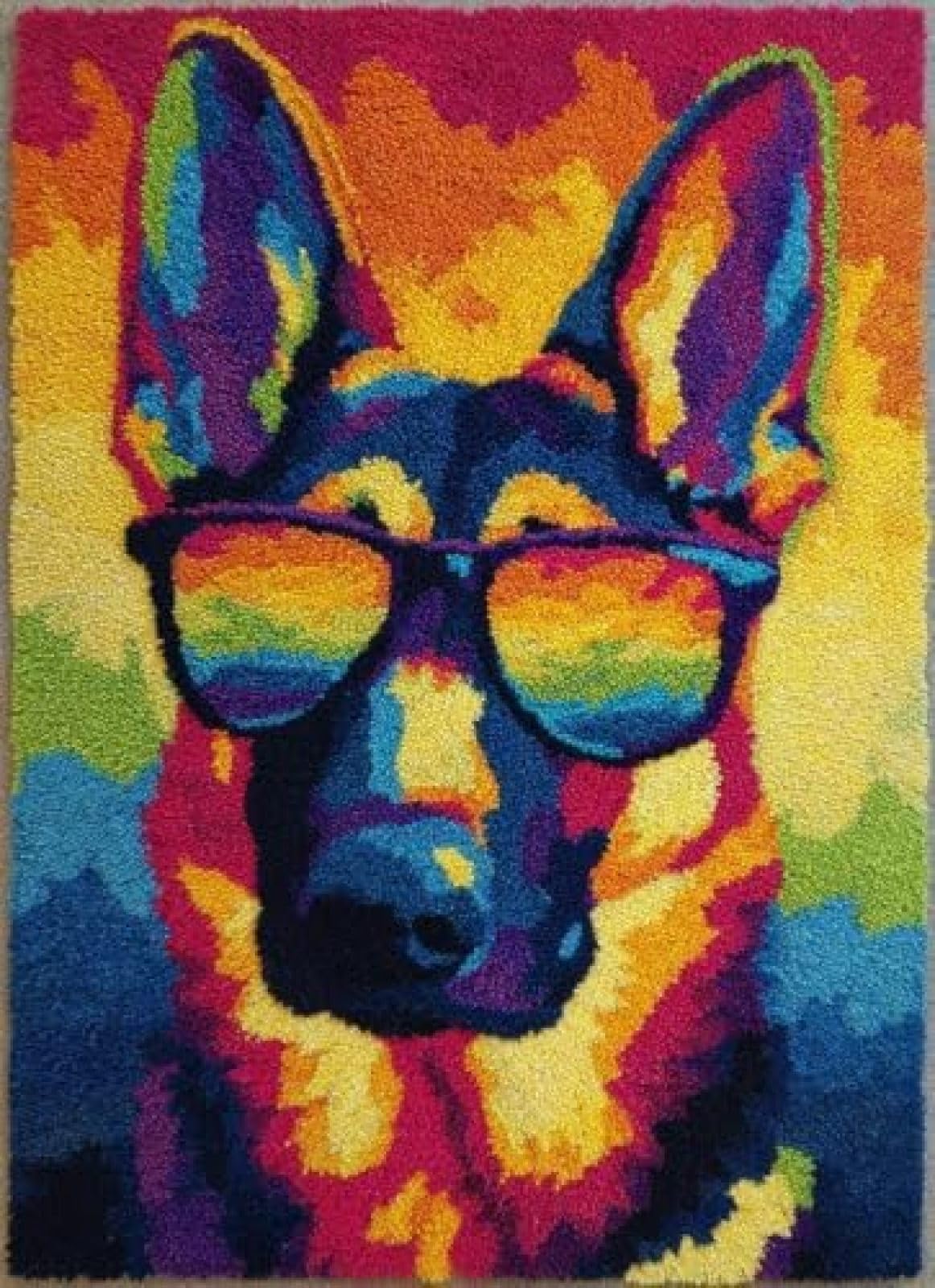 XDEGHUANGSS Latch Hook Rug Kit German Shepherd Dog Puppy Wear Sunglasses Cushion Cover DIY Craft Set Pre-Printed Mat 38x52cm for Home Decor-2