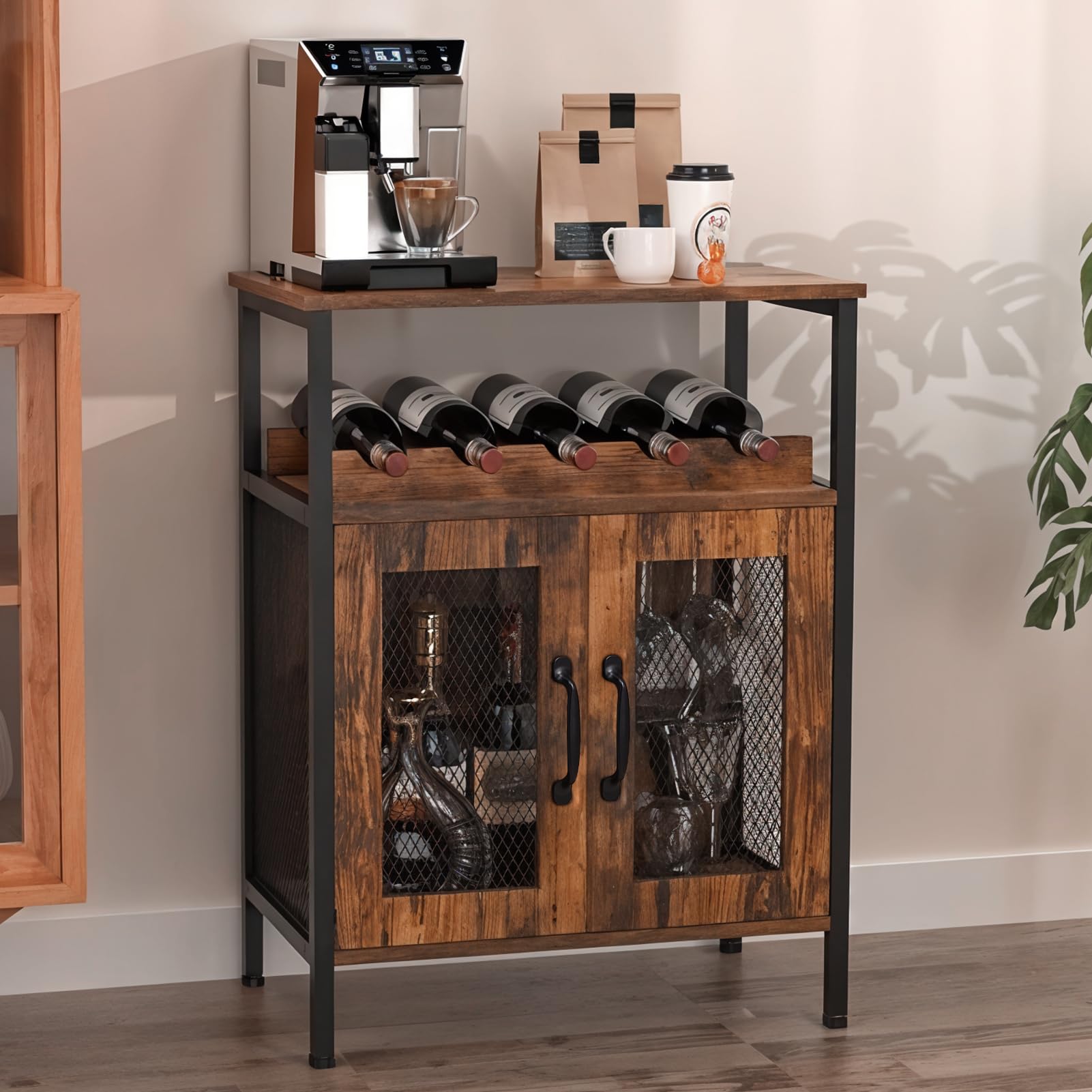 Warmiehomy Rustic Sideboard Storage Cabinet, Industrial Buffet Cabinet with 5-Bottle Wine Rack & Open Shelf, Freestanding Kitchen Cupboard & Home Bar Wine Cabinet for Living Room Pub, Rustic Brown