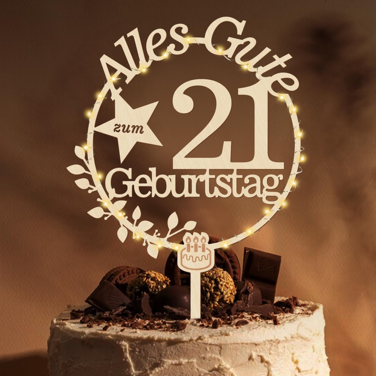 Giftota LED Holz Cake Topper für 21. Geburtstag - Tortendeko und Kuchen Deko für Jungen und Mädchen