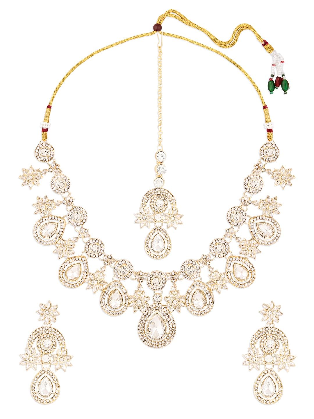 Ami Gold Tone Dazzling Stones Austrian Diamonds Necklace Earring and Maangtikka Set For Women-ZPFK21097