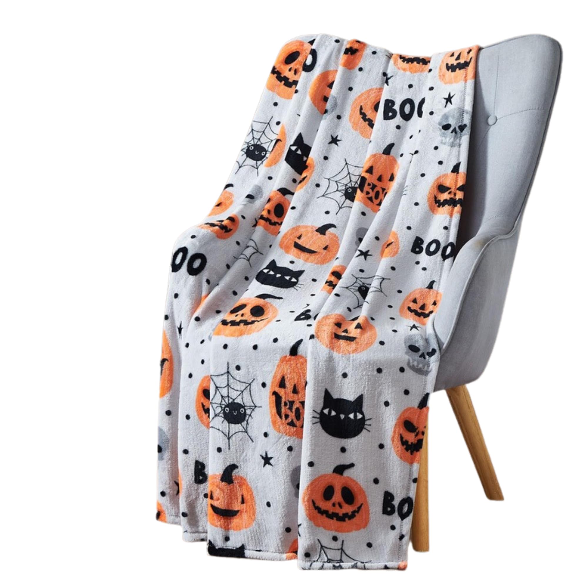 Home Decor Halloween Throw Blanket : Boo Pumpkins Spider Webs Cats Velvet Soft Fleece on Grey Background Overized Large 70" x 50" for Sofa Bed Couch Chair Dorm โ image 1