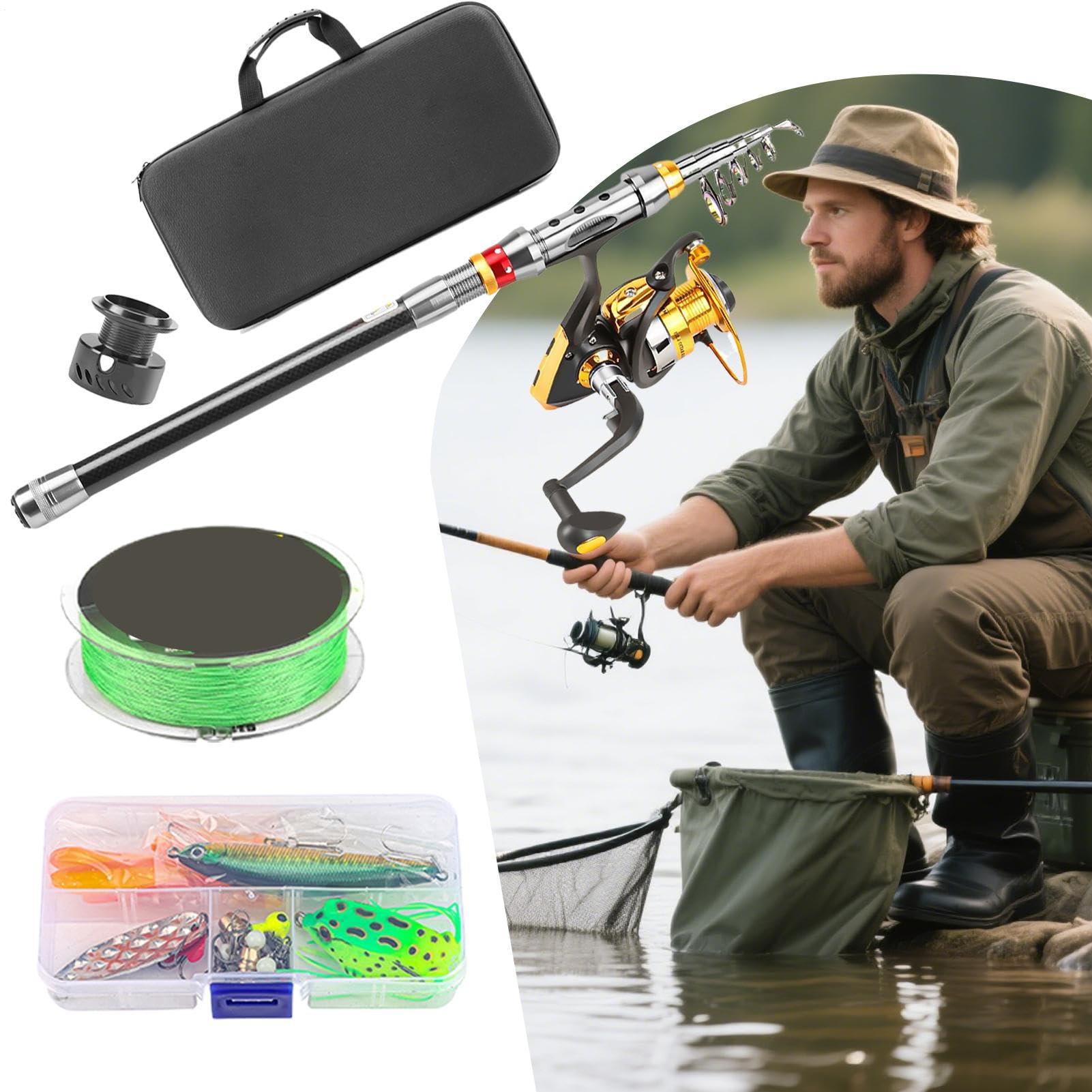 Canna da pesca con mulinello, set telescopico da pesca per surfing, trote, fiume, barca, accessori da pesca – borsa da viaggio compatta per pesca al lago, kayak, riva persico