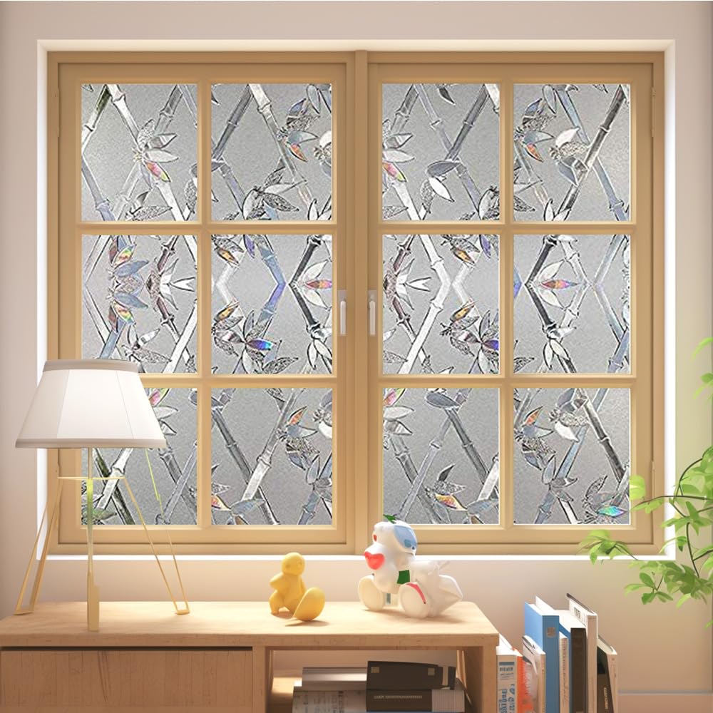 Bamboo Rainbow Window Clings, 3D Decorative Vinyl, Stained Glass Decals, Non-Adhesive Static Cling Stickers (23.6