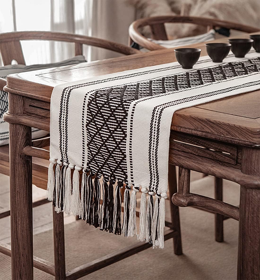 Fennco Styles Diamond Stitch Design Cotton Blend Table Runner 14" W x 102" L - Black Geometric Woven Table Cover for Boho Décor, Home, Dining Table, Banquets, Family Gatherings, Special Occasion