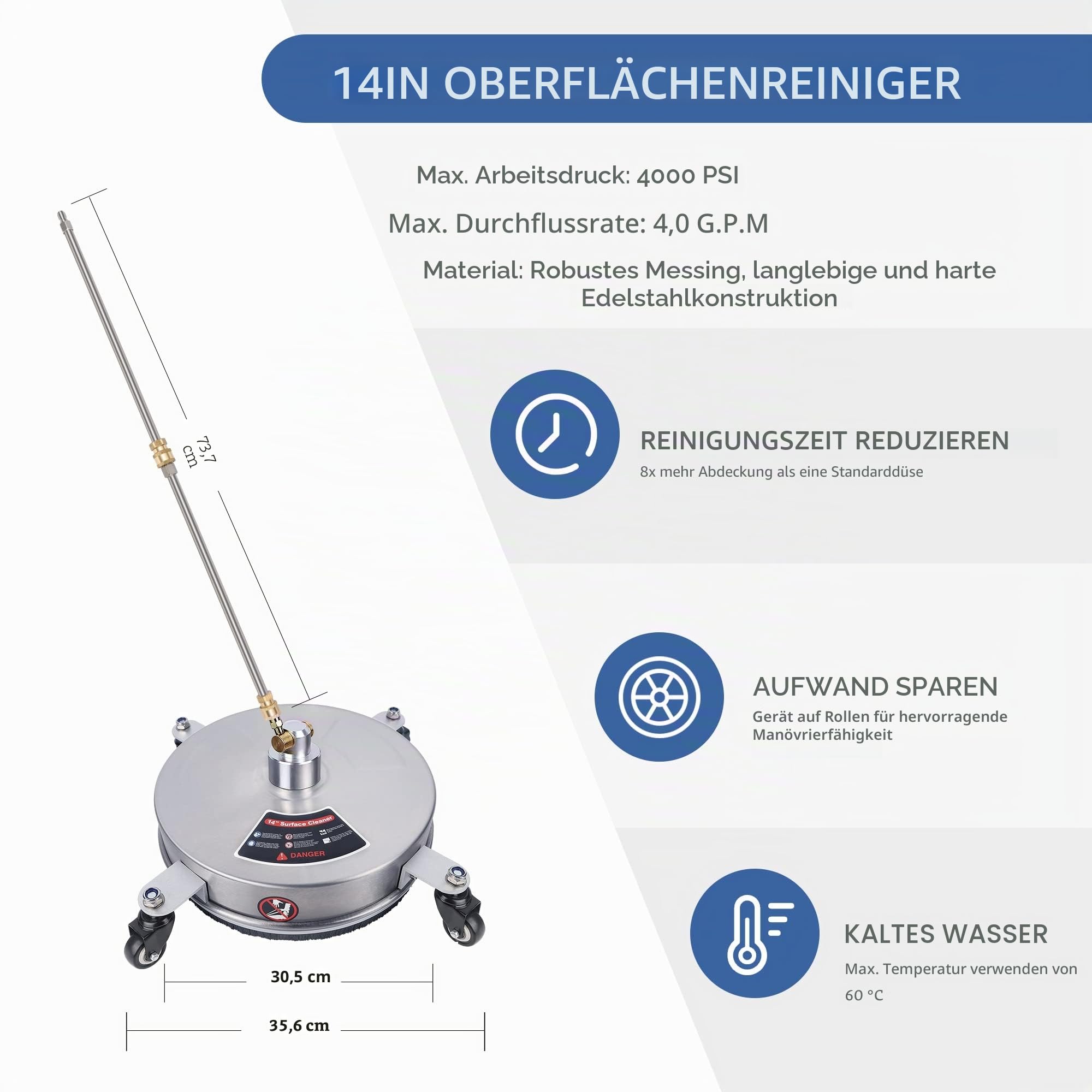 Biswing 35.6 cm Hochdruckreiniger-Oberflächenreiniger mit 4 Rädern, Edelstahl-Hochdruckreiniger-Zubehör für Einfahrten, Gehwege, Terrassen, Reinigung, 2 Verlängerungsstab-Aufsätze, 4000 PSI