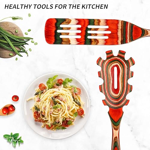 Miniatura 7 de WOSPONFAN - Juego de cucharas de madera para cocinar, juego de utensilios de cocina de madera de Pakkawood, espátula de madera esencial para