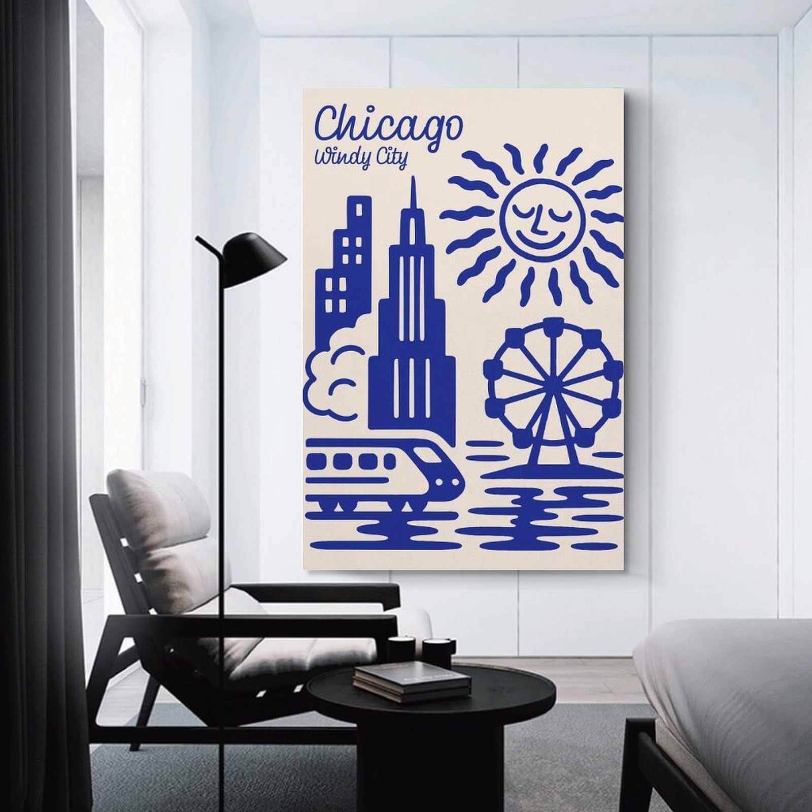 Junmoney Canvas Art Print Chicago Windy City Blue Illustration, 24x36inch(60x90cm), for Small Homes, Bedrooms Or Open Spaces, A Simple Refresh for Blank Walls