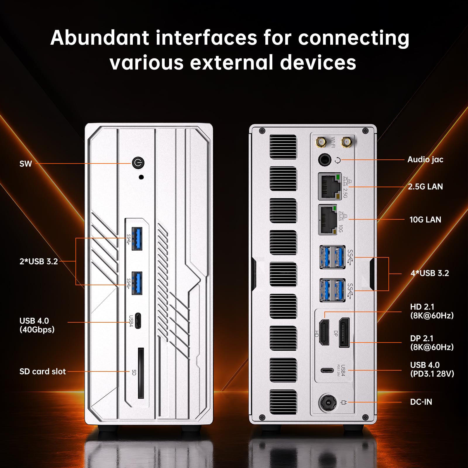 Mini PC Server AI, Ryzen AI MAX+ 395 (126 TOPS, 16C/32T), Barebone, GPU Radeon 8060S, 128G di Memoria Unificata LPDDR5x-8400, LAN 10G+2,5G, Quattro Schermi, 4 slots M.2 PCIe 4.0, Wi-Fi 7