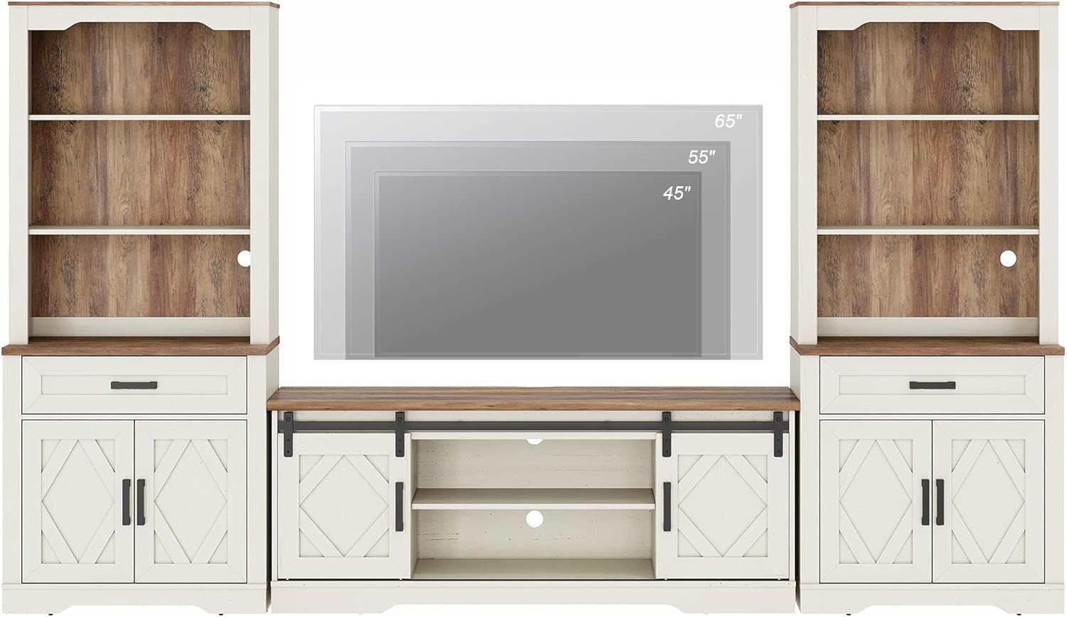 WAMPAT Farmhouse Entertainment Center with Bookshelves for 65" TV, 3-in-1 TV Stand Features Bookcases(73" Tall,Adjustable Shelves) with Storage and Cable Management for Living Room, Antique White