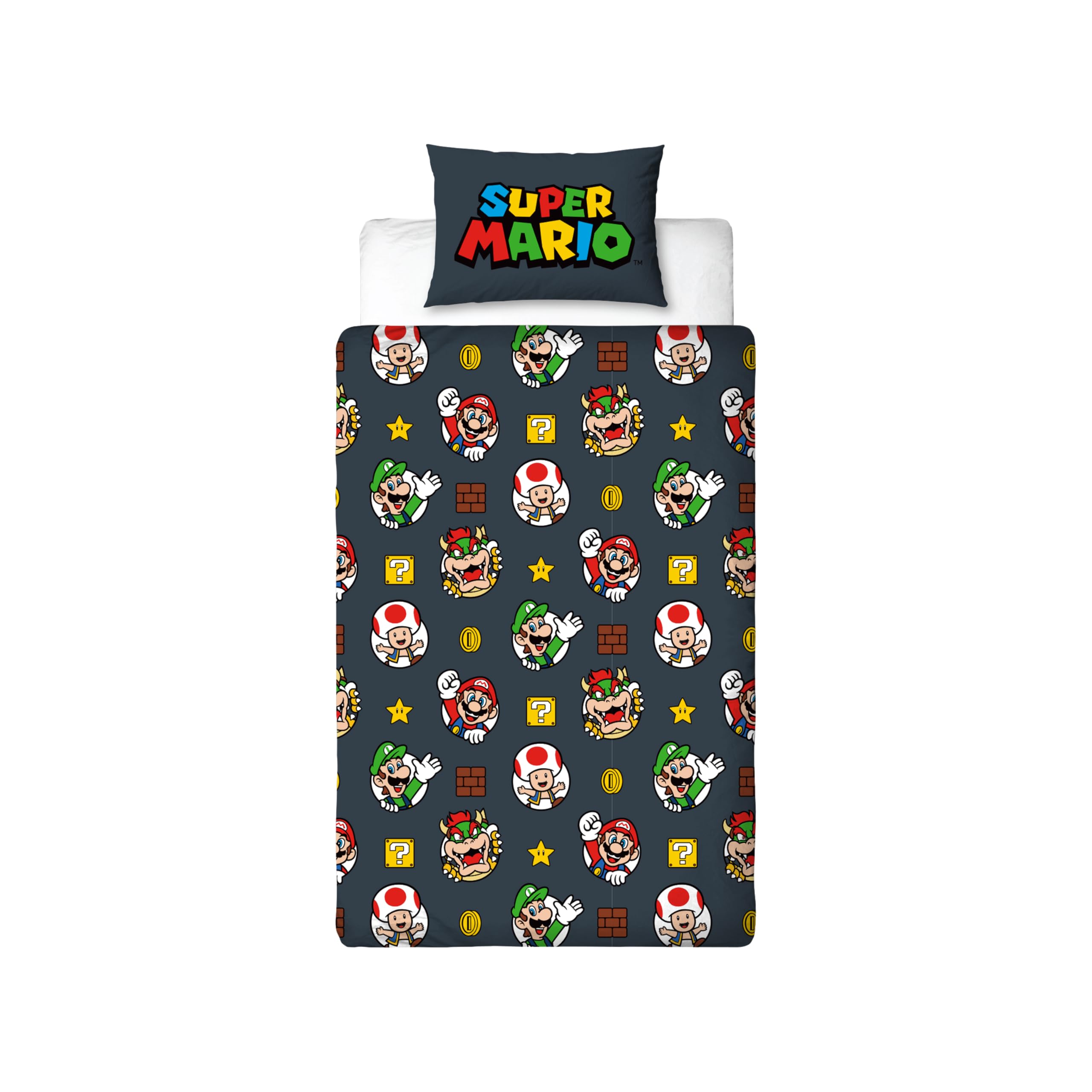 Nintendo Super Mario - Juego de Funda de edredón Oficial para Cama Individual con diseño de Mario, Luigi y Bowser | Funda de Cama Reversible Negra de 2 Caras, Producto Oficial Incluye Funda de