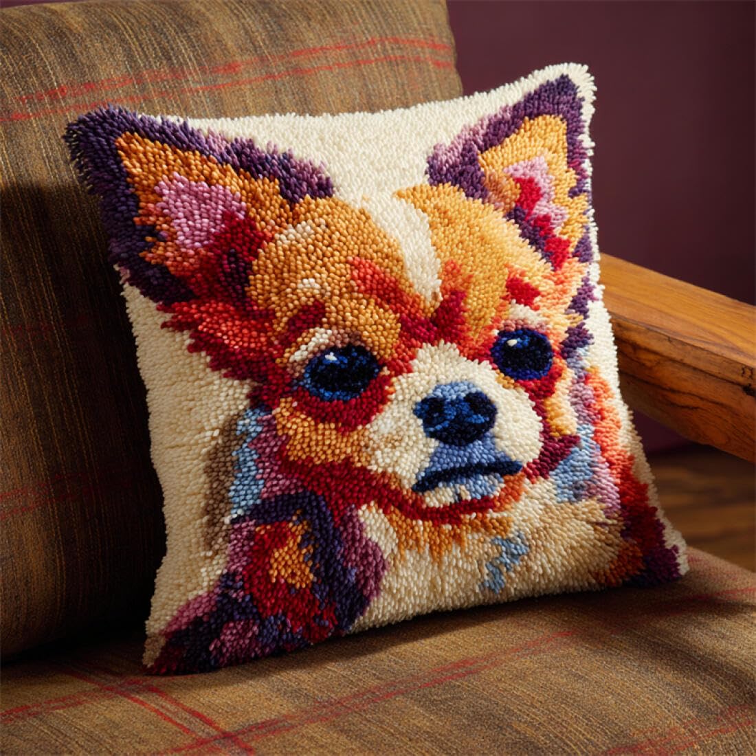 Kitquiver Animal Latch Hook Cushion Set Cartoon Chihuahua Latch Hook Kit for Adults Beginners Embroidery Crochet Set DIY Throw Pillow Covers Kits 17x17In
