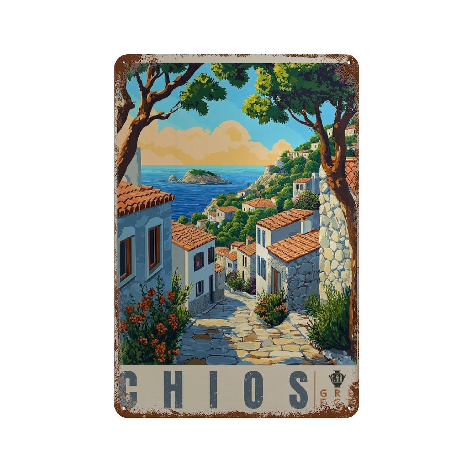 xiaoxiaoshen Chios Greece Aegean Coastal Village Mediterranean Decor Wall Decor Art Metal Tin Poster Modern Home Decor Art Home Bar Shop Decorations Vintage Sign 30x20cm