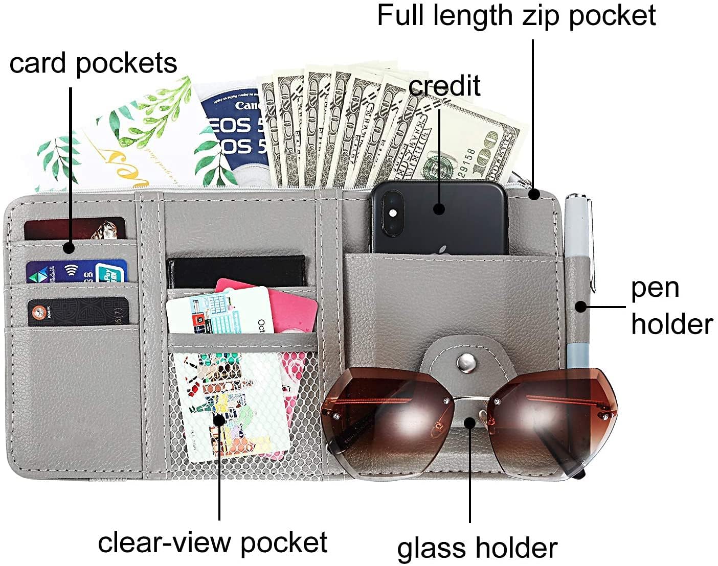 Car Sun Visor Organizer with Phone Holder, PU Leather Auto Storage Wallet for Cards, Glasses & Documents Premium – Multi-Pocket Holder Sunglasses, Phone, Cards Cash 3