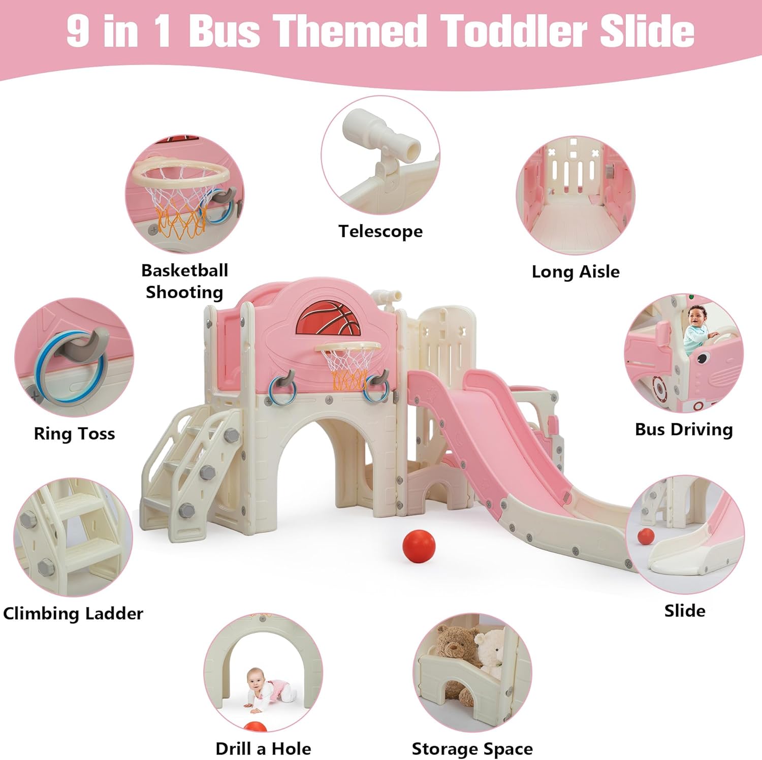 10 in 1 Toddler Slide, Bus-Themed Kids Slide and Climber Playset with Basketball Hoop, Ring-Toss, Car Playhouse, Telescope, Freestanding Indoor and Outdoor Playground for Baby Age 3+ - Image 3