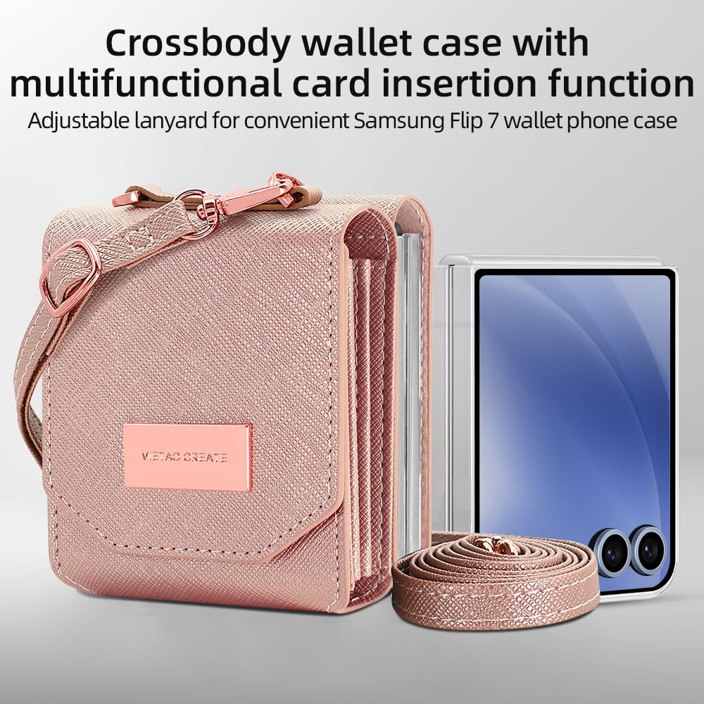 Etui do Samsung Galaxy Z Flip 8 Accordion Crossbody Wallet, gniazdo na karty o dużej pojemności, zdjęcie w oknie, stylowe i wszechstronne akcesoria. (Rose Gold)