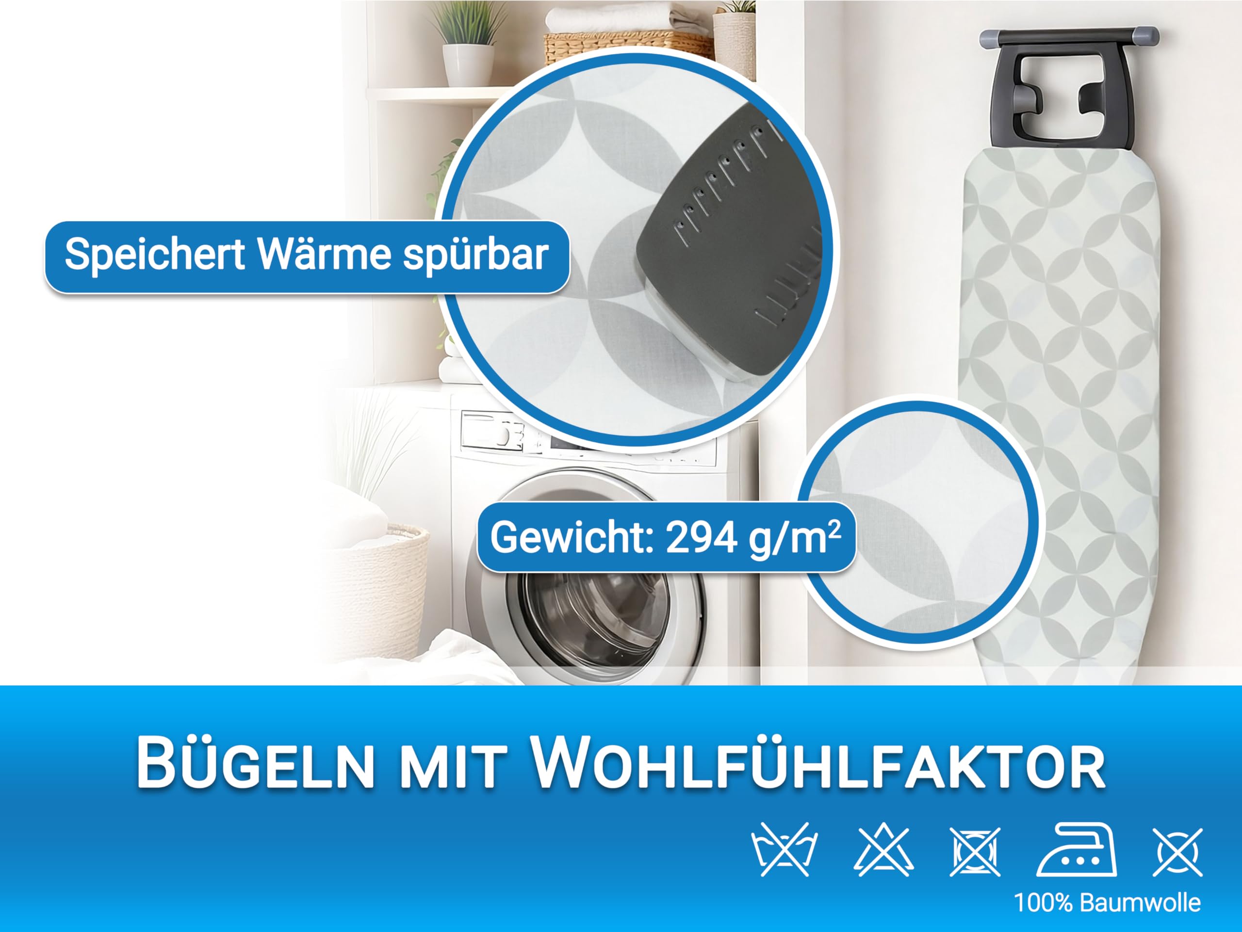 ZOLLNER Bügelbrettbezug in 48x125 cm - aus Baumwolle - mit rundum Gummizug und Schnappverschluss - für ein faltenfreies Bügelergebnis