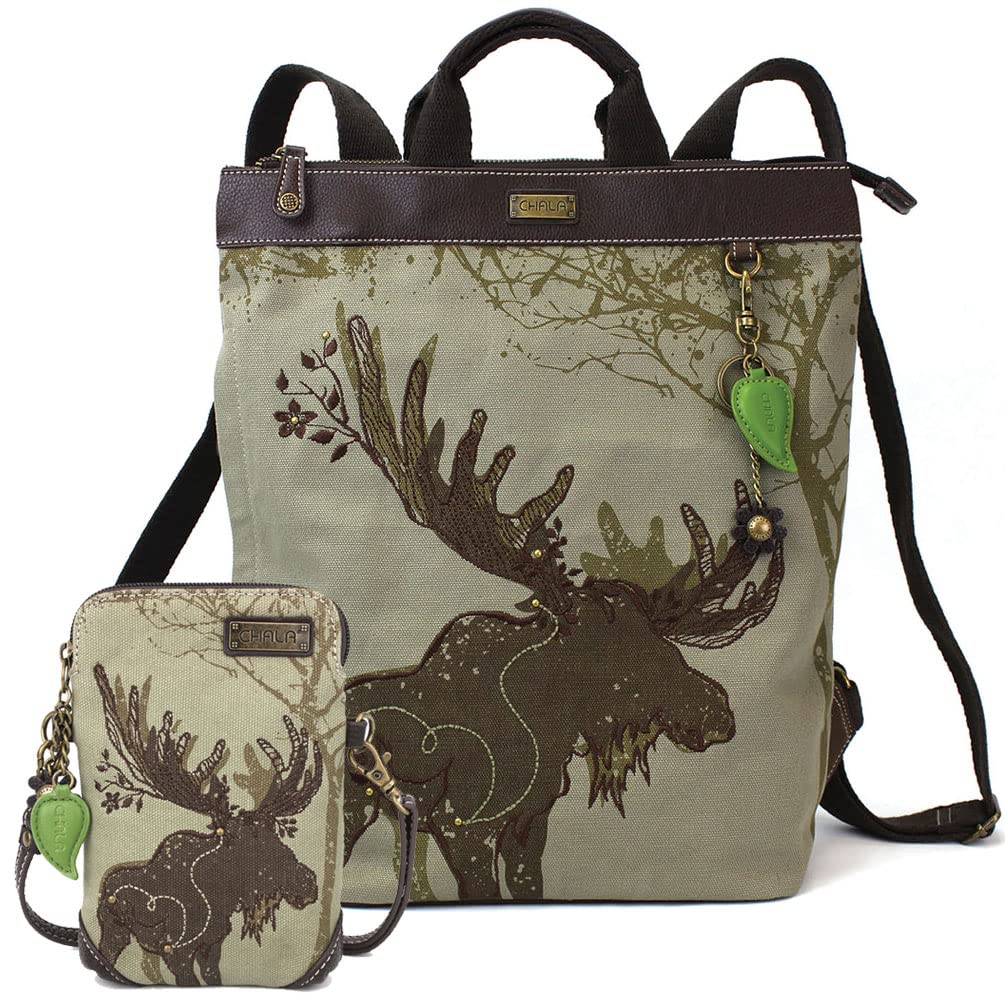 Chala Safari Moose Canvas Backpack with Matching Chala Crossbody Cell Phone Purse-Olive (Moose Backpack + Cellphone Purse Combo)