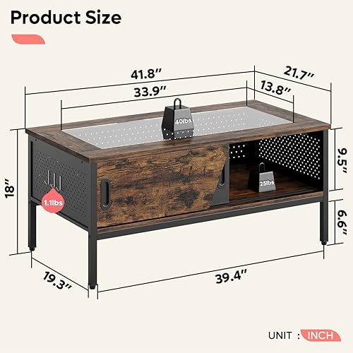 Miniatura 3 de Bestier Mesa de centro LED con almacenamiento de vidrio para sala de estar con puertas correderas, mesa central de sala de estar marrón rústico de