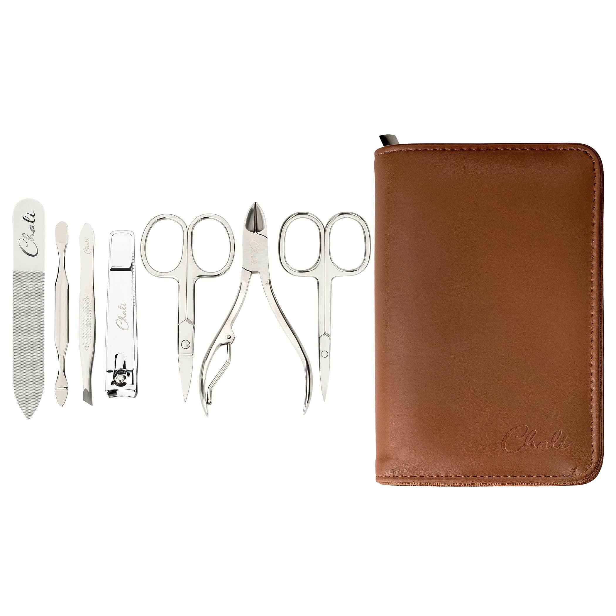 Chali® Kit Manucure Pedicure de 7 Pièces avec Étui, Inox Set Ongle - Coupe-Cuticules, Coupe Ongles, Lime à Ongles en Verre, Pince et comptage