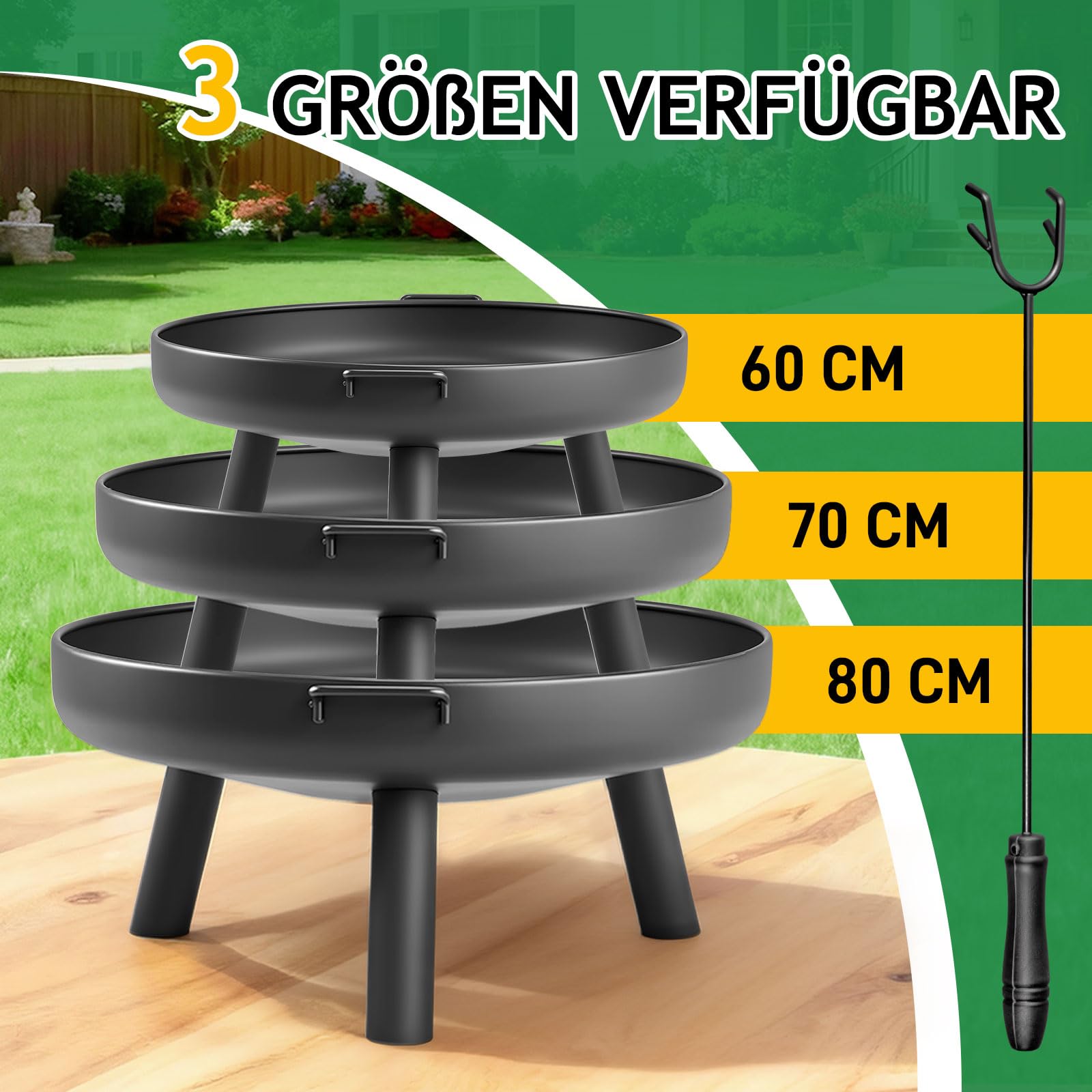 LEADZM Brasero de 60 cm de diámetro, construcción de hierro, con 2 asas estables + gancho para fuego, cesta para leña y carbón, para jardín, terraza, exterior, hoguera, color negro