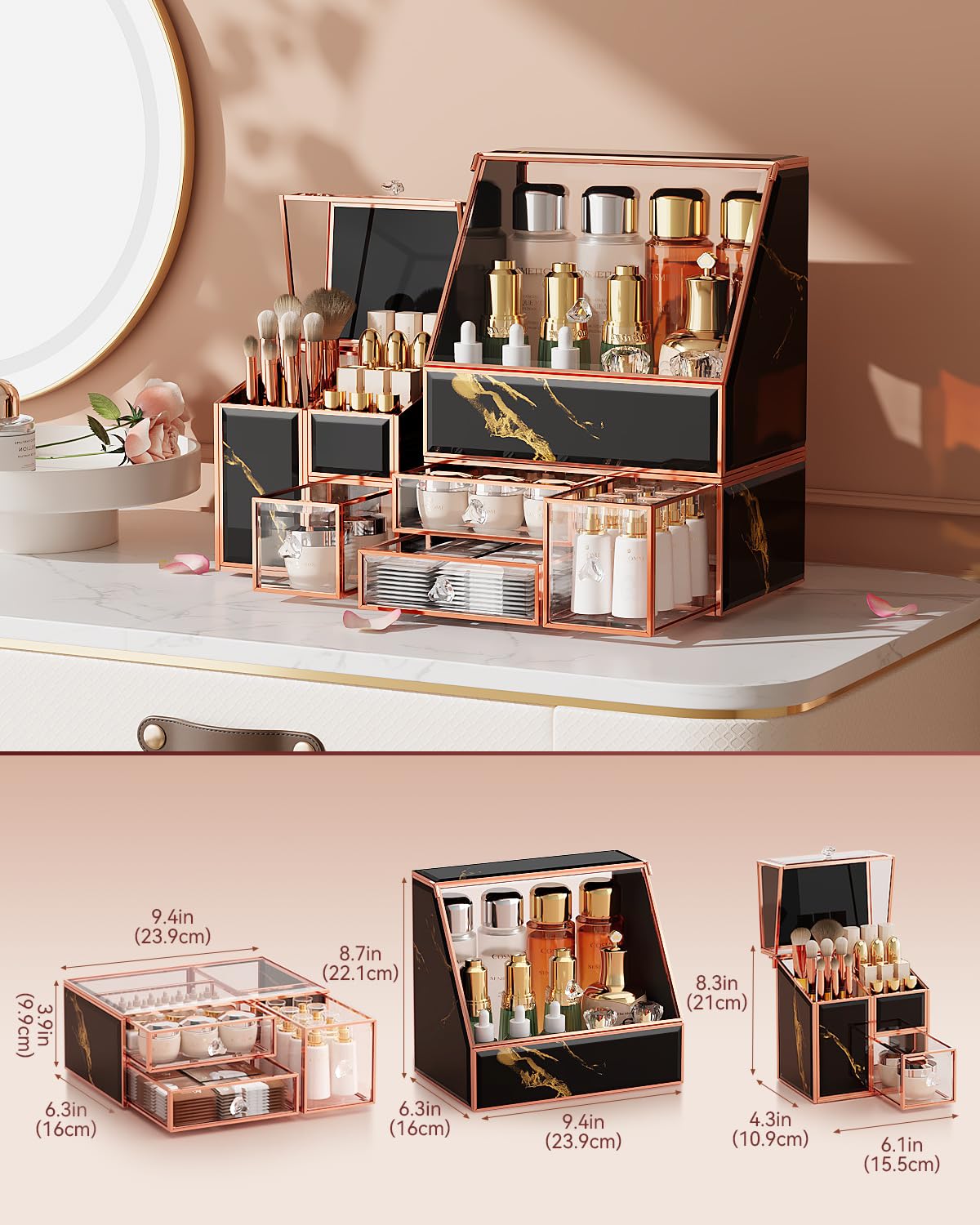 CoralHouse Glass Makeup Organizer with Lid, 3-Piece Vanity Storage Set