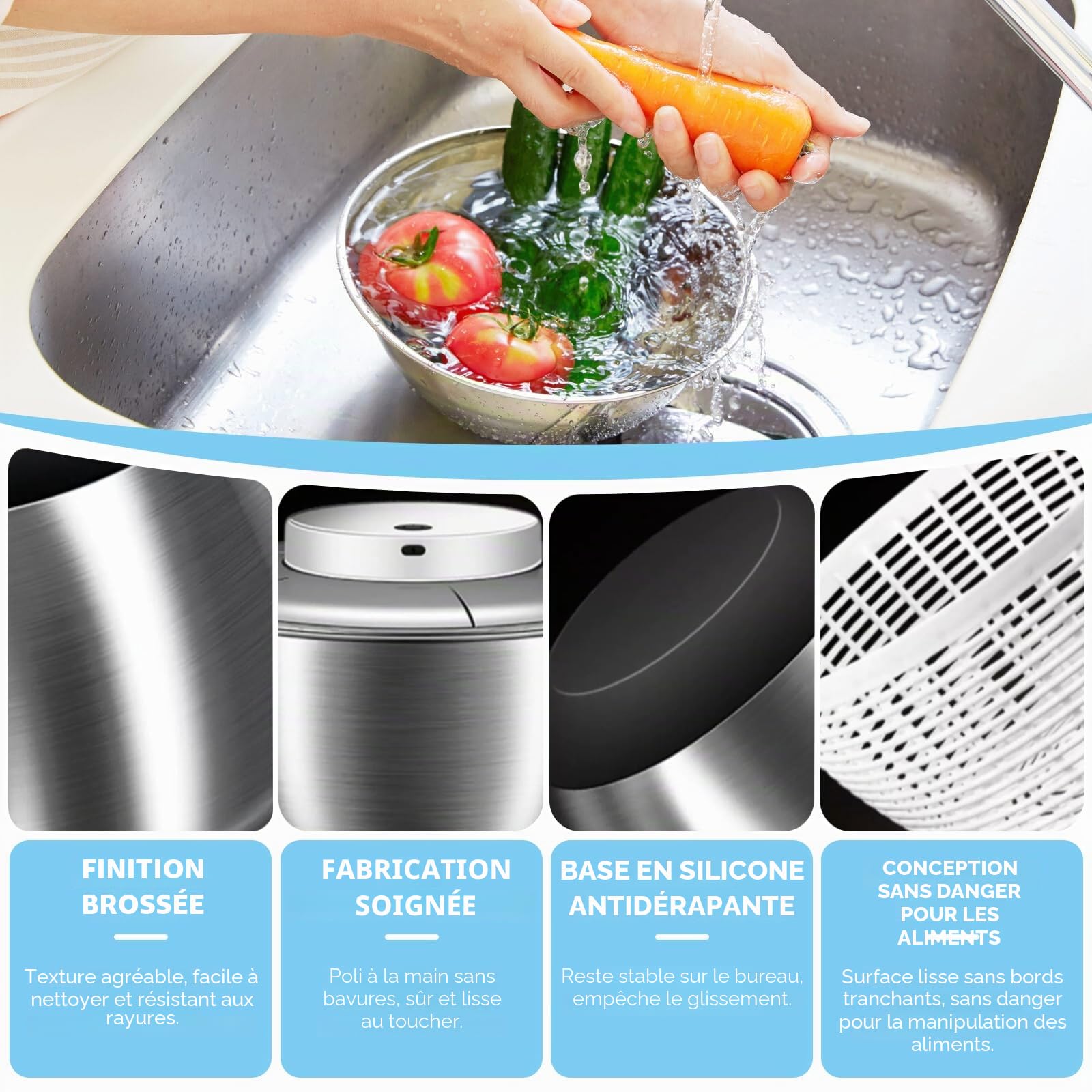Essoreuse à salade, en acier inoxydable, 4,5 l, avec essorage automatique, fond antidérapant et rechargeable par USB, séchoir à fruits/légumes avec couvercle, grande salade spinner pour salade