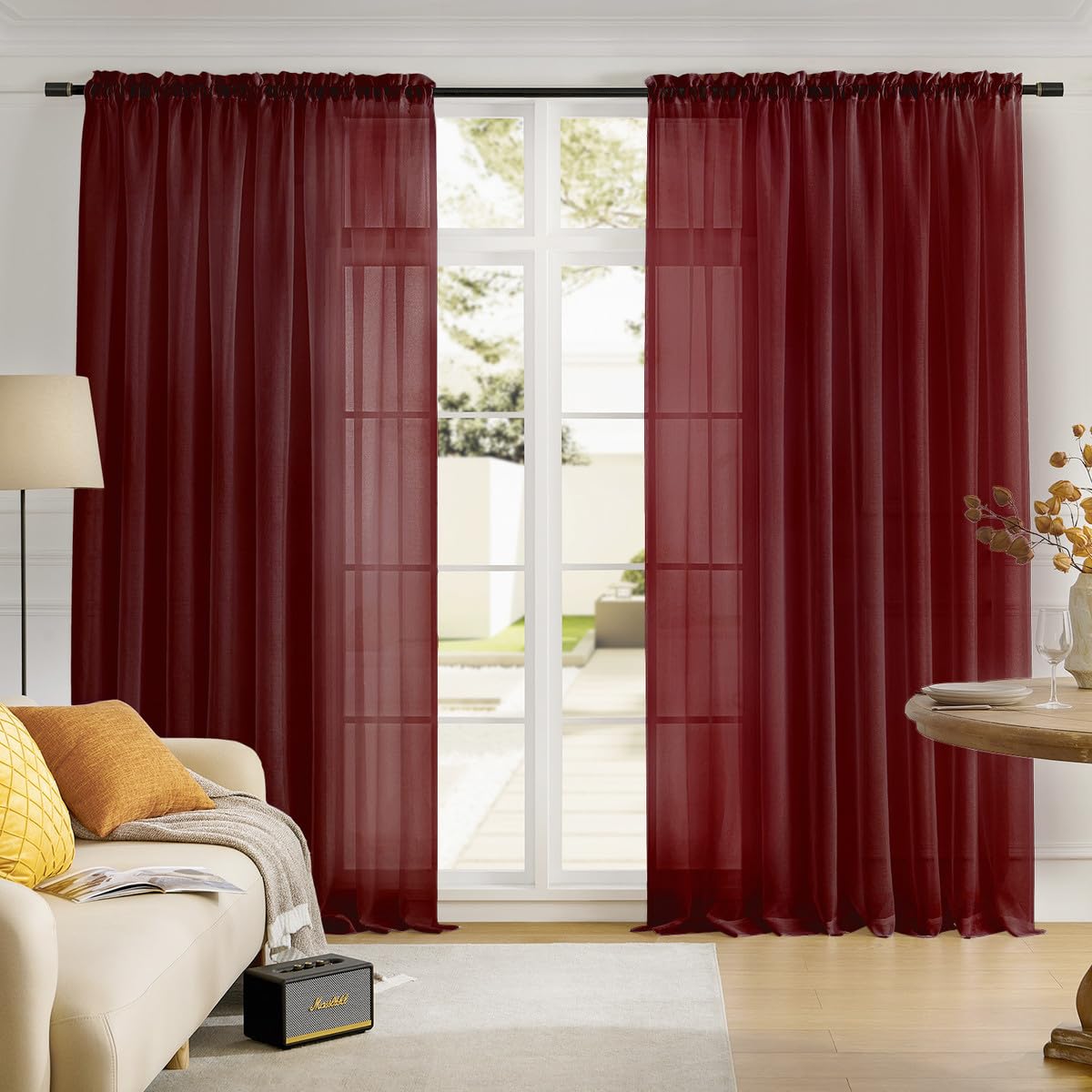 Extra Wide Sheer Curtains Burgundy 84 Inches Long, Window Treatments Rod Pocket Drapes for Living Room, Bedroom, 108 in Width Semi Sheer Curtains for Yard, Villa, Parlor, 108"x 84", 2 Panels