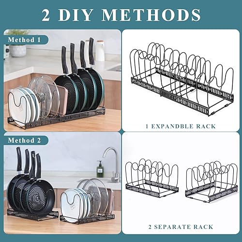 Miniatura 3 de Organizador de ollas y sartenes para gabinete, organizador de tapa de olla expandible con 10 compartimentos ajustables, organizador de gabinete de