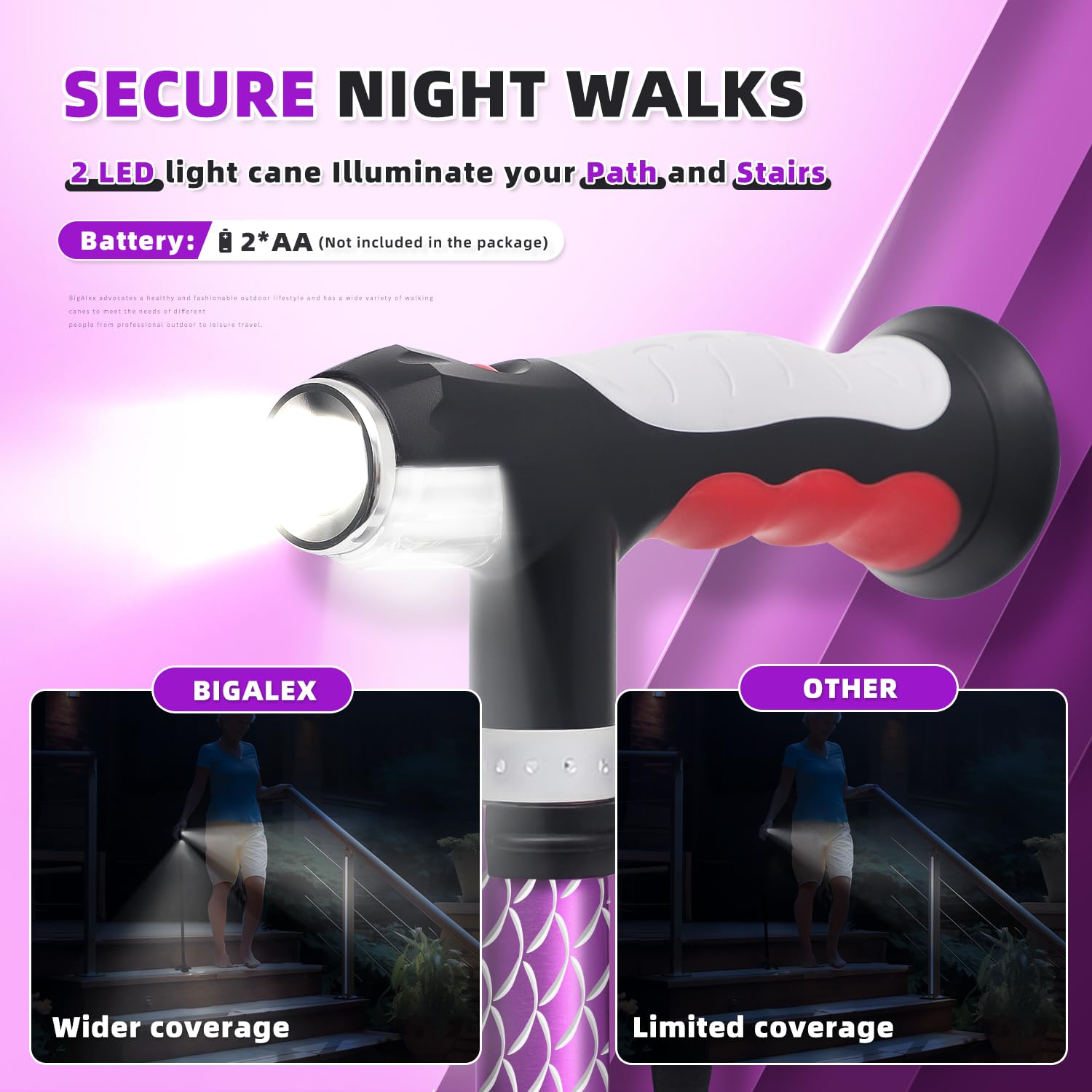 BigAlex Bastón Ligero con Doble Luz LED para Mayores, Plegable y Altura Ajustable, Base Cuádruple Antideslizante, Bastón de Senderismo para Hombre y Mujer, Ayuda para Caminar y Levantarse