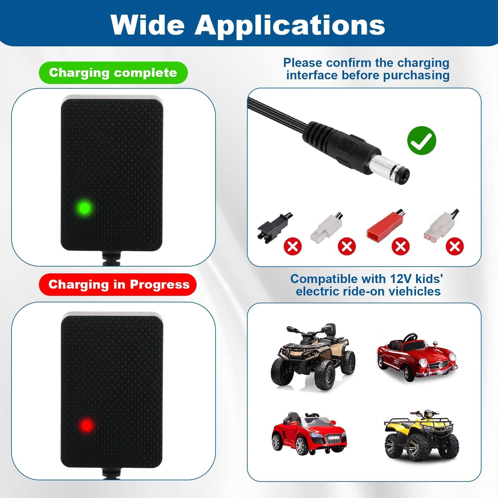 12V 1A Cargador para Coches Eléctricos Niños, Adaptador de Corriente EU para Juguetes Eléctricos SUV, ATV, Moto, Quad, Tractor y Otros 12V 1000mA Vehículos Infantiles, Cable 1.5 m Negro