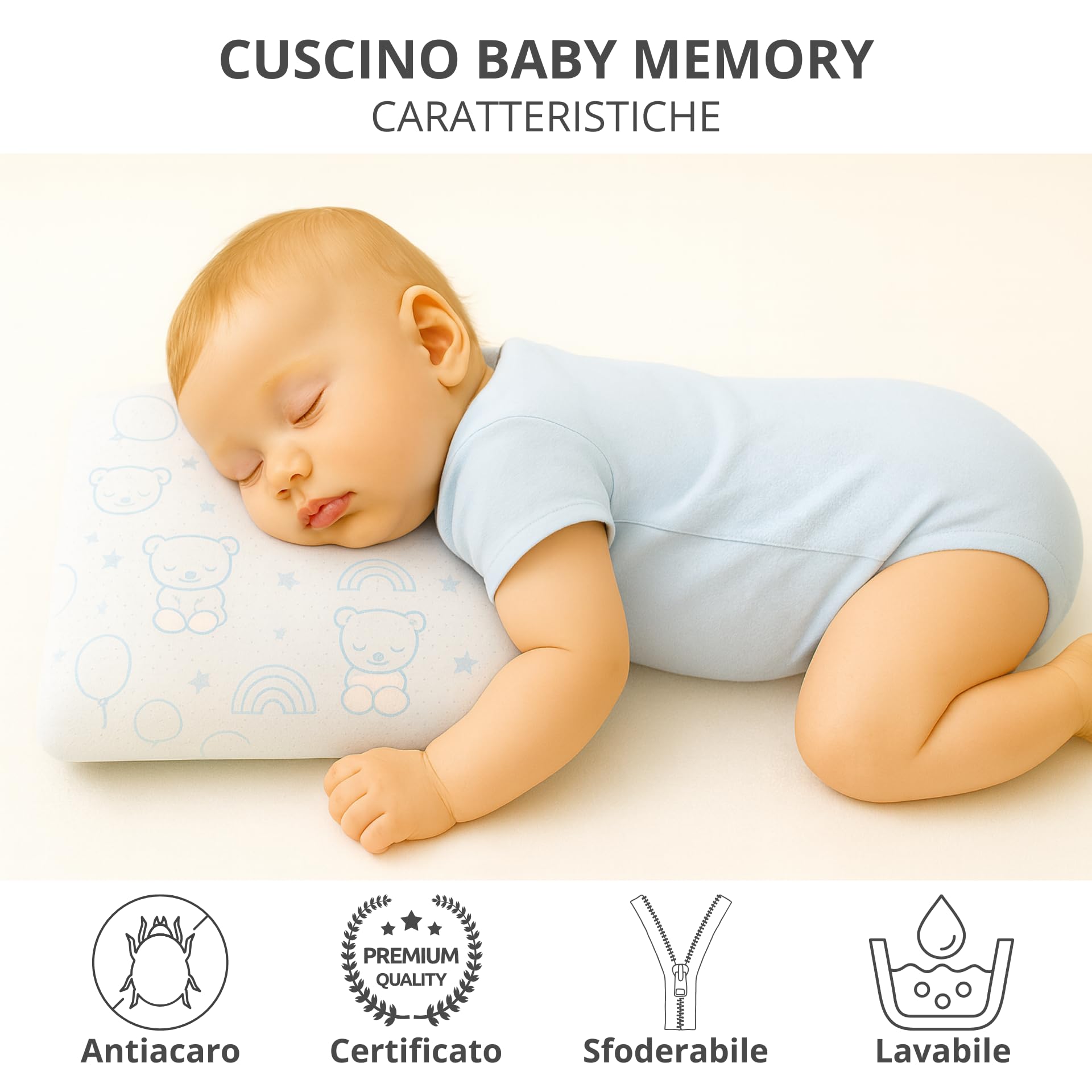 The Double Twenty Cuscino Baby in Memory Foam, ideale per culla e Bambini fino a 5 anni, Federa ipoallergenica,Modello a Saponetta forata Antisoffoco (Blu)