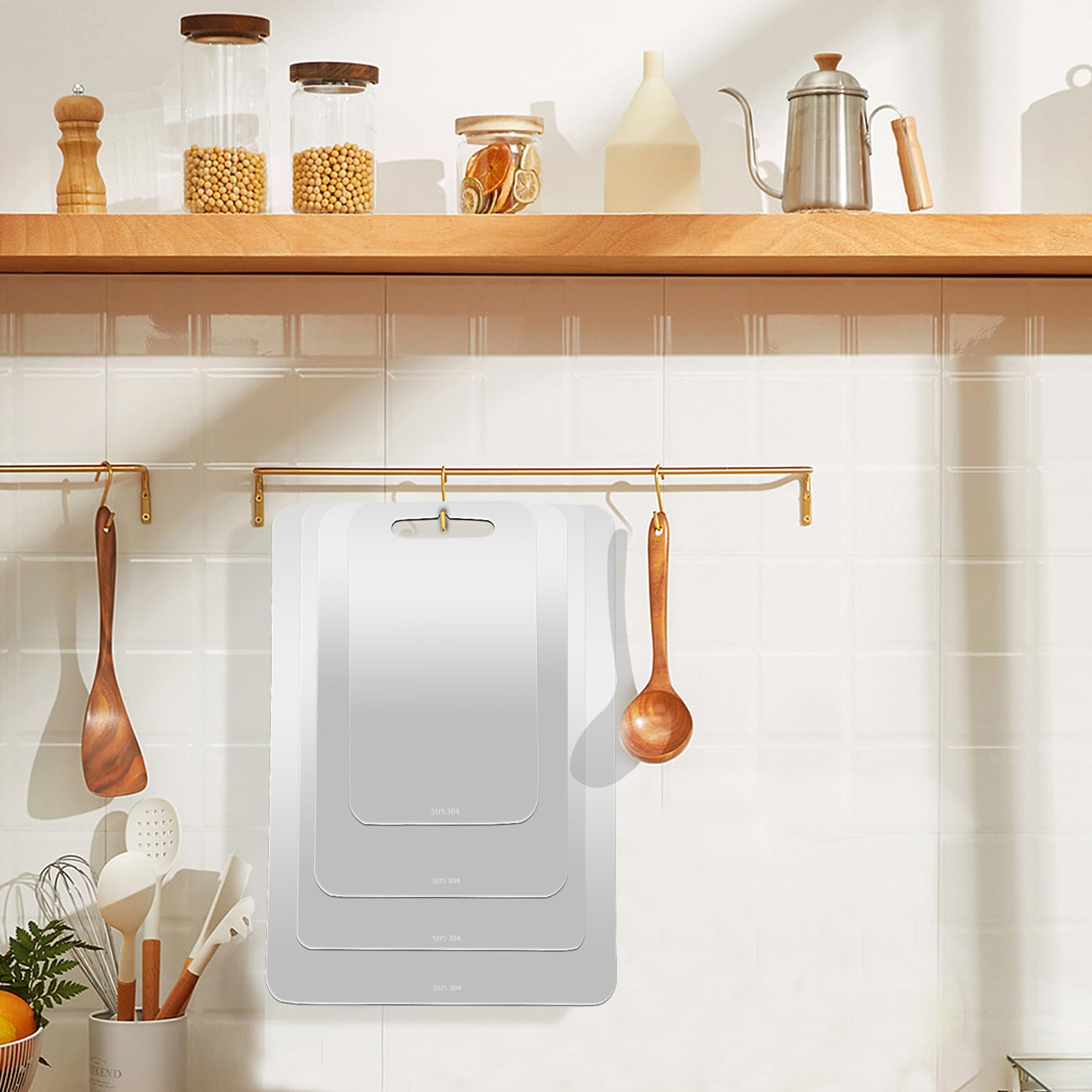 4 tablas de cortar de acero inoxidable 304 de doble cara con 4 paños de limpieza, aptas para lavavajillas, para cocina, carne, frutas y verduras