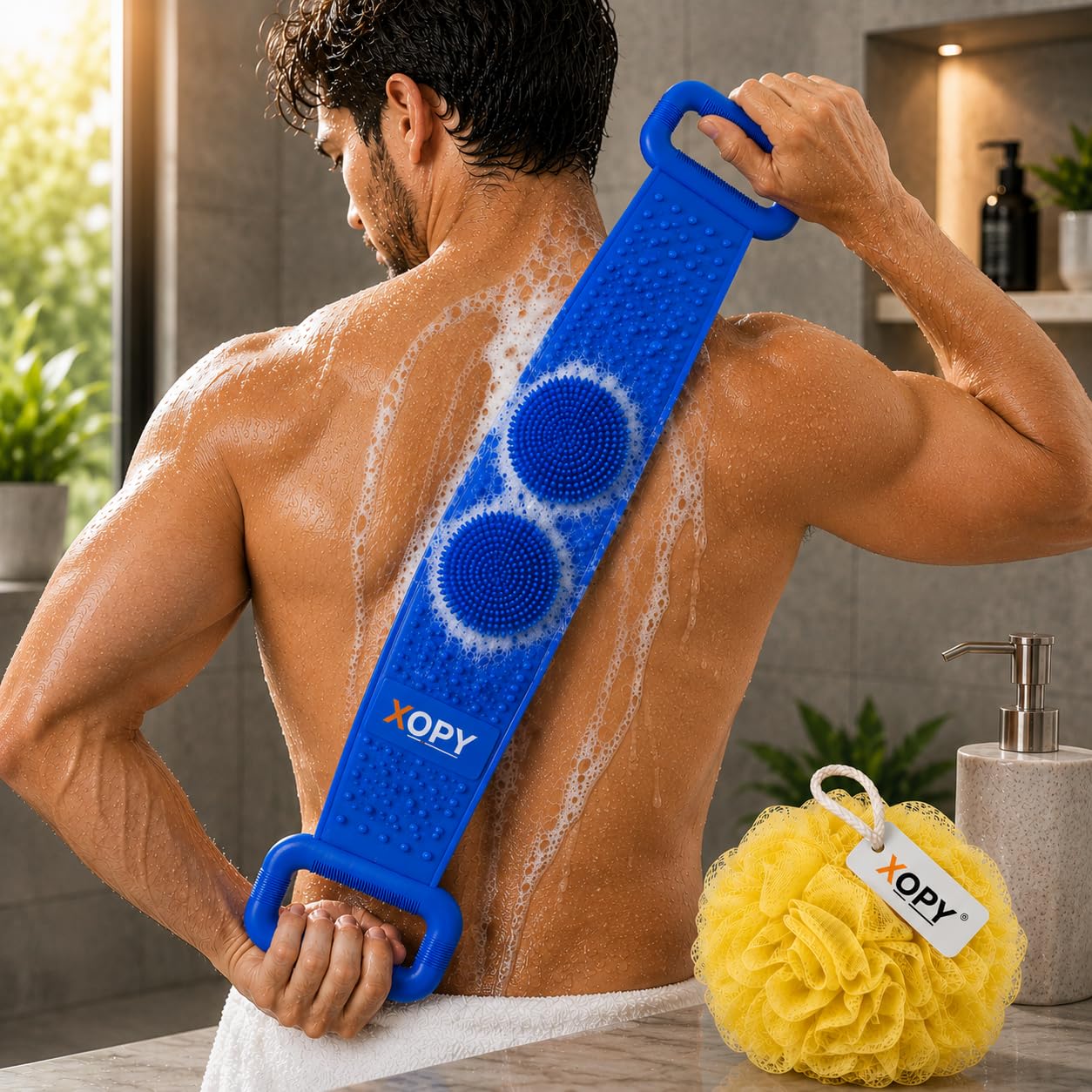 2-in-1 Bath Combo Pack | Blue Silicone Back Scrubber Belt with Yellow Soft Mesh Loofah for Men & Women | Double-Sided Exfoliating Body Scrubber for Deep Cleansing & Massage | Long Handle Shower Bath Belt & Pouf Set-image-15
