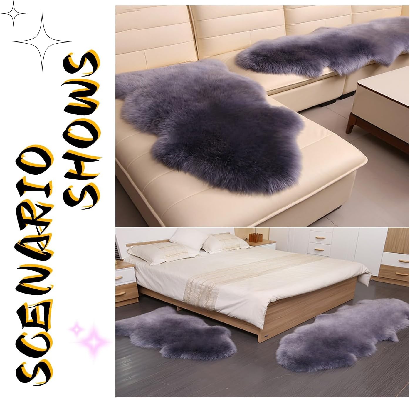 Genuine Sheepskin Area Rug Fluffy Shaggy Wool Rugs Fur Carpet - Soft Luxury New Zealand Natural Sheepskin Floor Mat for Bedroom Living Room Seat Chair Cover Sofa(Gray Blue,60 * 90cm)