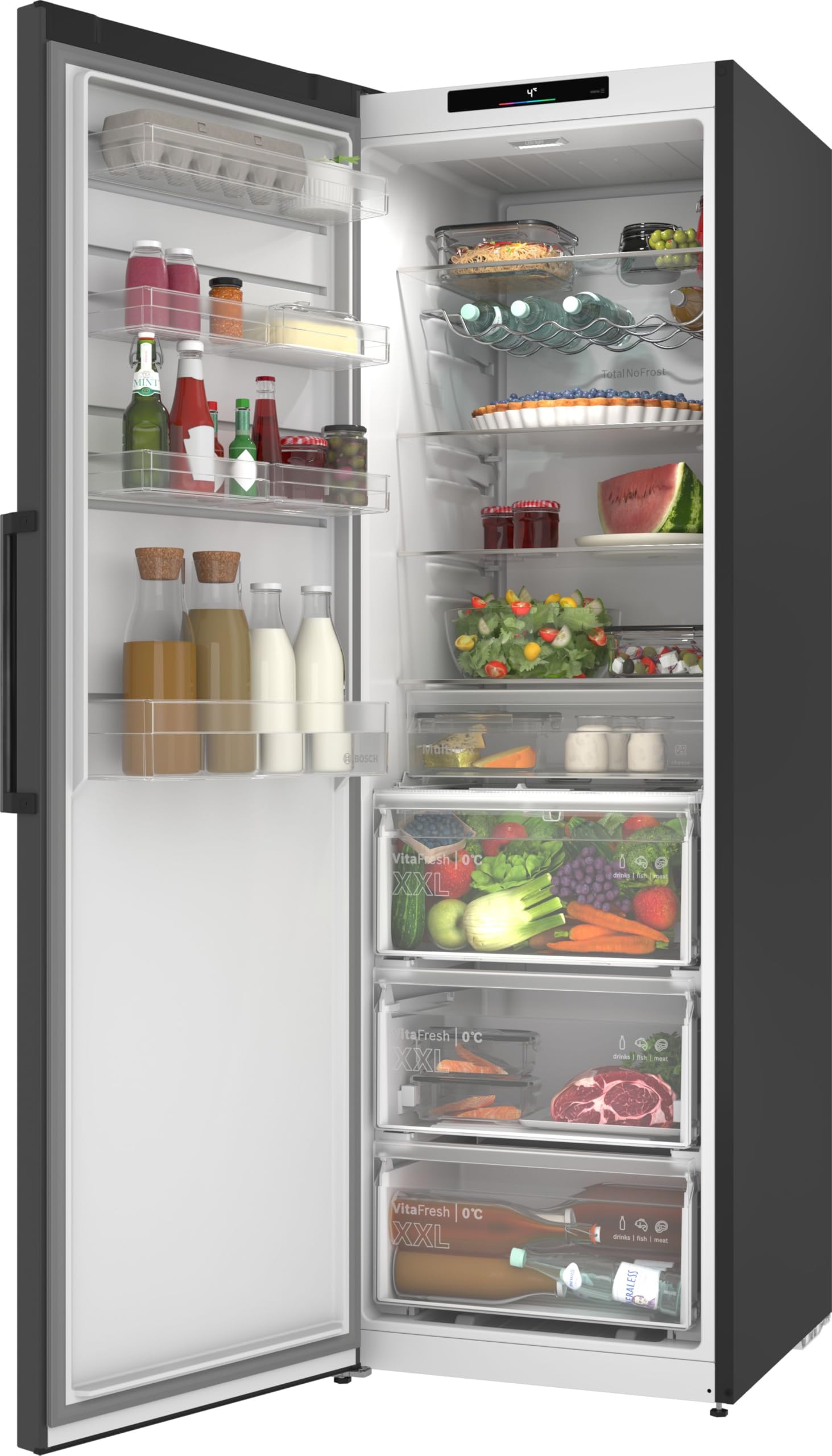 Bosch Serie 4 Smarter Freistehender Kühlschrank 186.2 x 59.5 cm KSN36VCCG | NoFrost nie wieder abtauen, 402 L Volumen, VitaFresh XXL 0 °C Zone für lange Frische, LED-Beleuchtung, MultiAirflow-System
