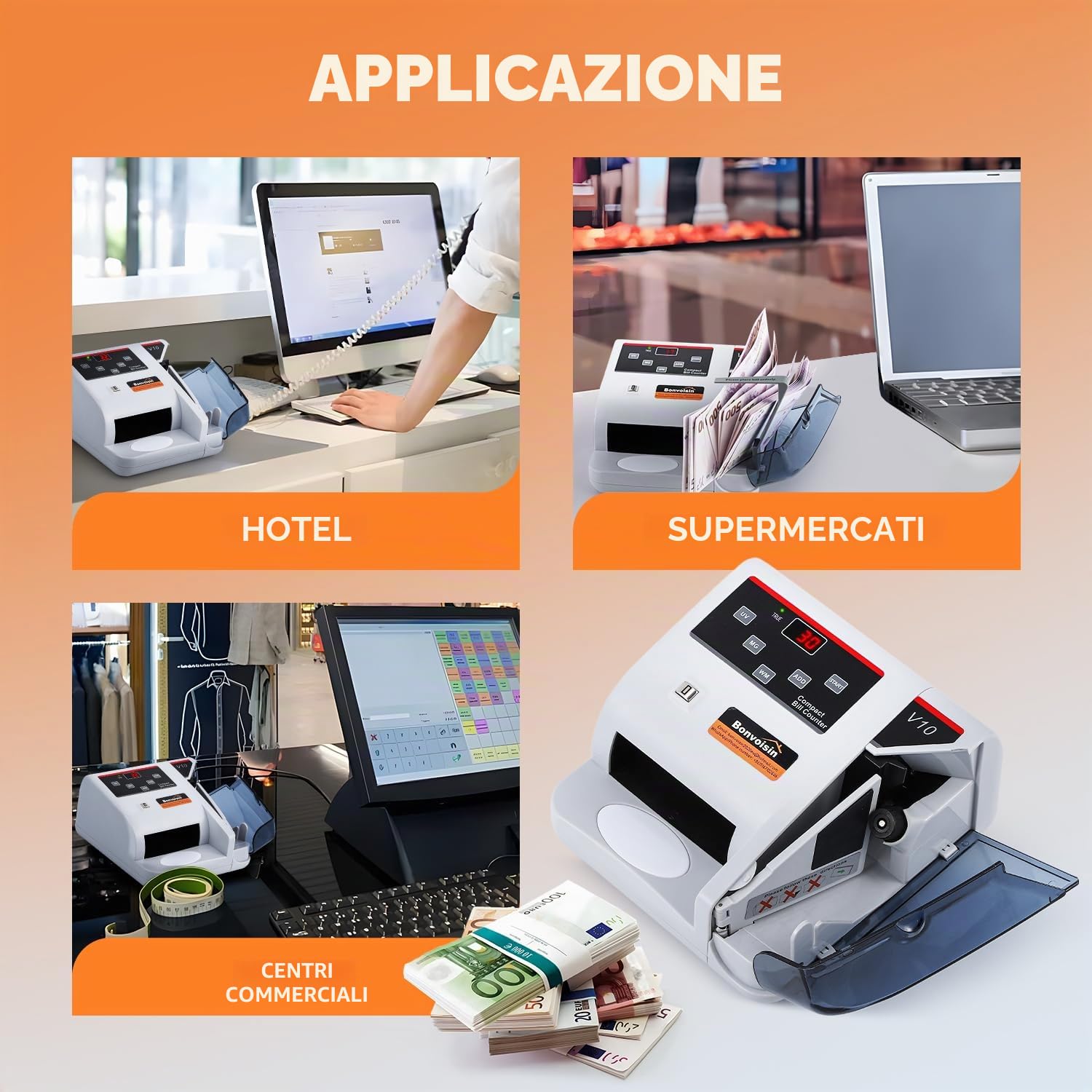 Bonvoisin Conta Banconote Portatile, Macchina Conta Soldi con Rivelazione di Falsi MG/UV/WM, 600 Pezzi/Min Contabanconote (Supporta Solo il Conteggio, Verifica Manuale Delle Banconote)