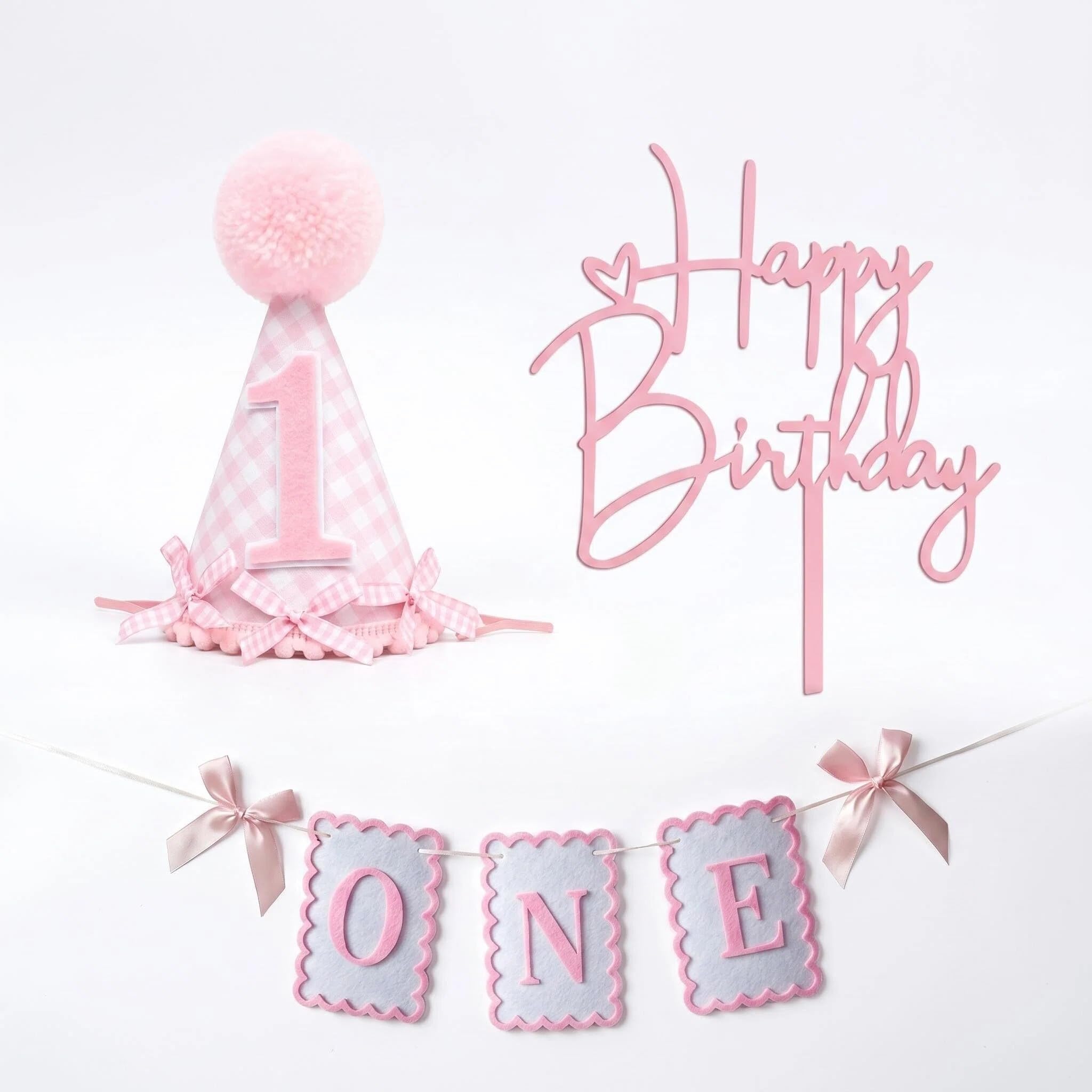 Pink Bow 1st Birthday Banner​ for Girls & High Chair Banner, Includes First Birthday Decorations Hat & Cake Topper, Soft Felt Baby Birthday Decorations​ Photo Prop