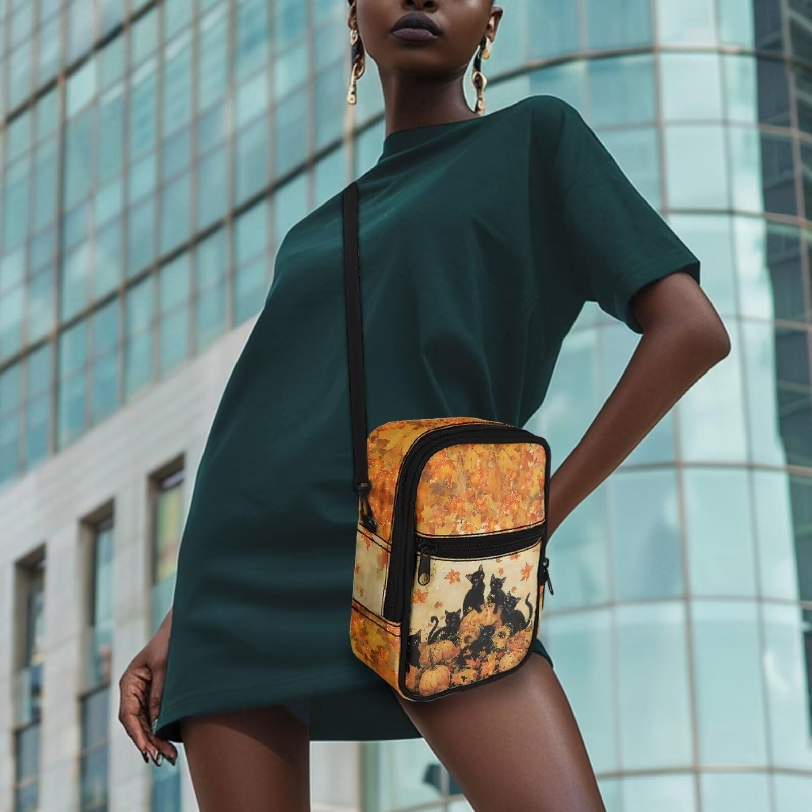 BIGCARJOB Fall Pumpkin Sling Bags Womens Crossbody Purse Black Cat Print Shoulder Handbags Girls Teens Crossbody Backpack Mini Messenger Tote Bags Portable Cell Phone Holder