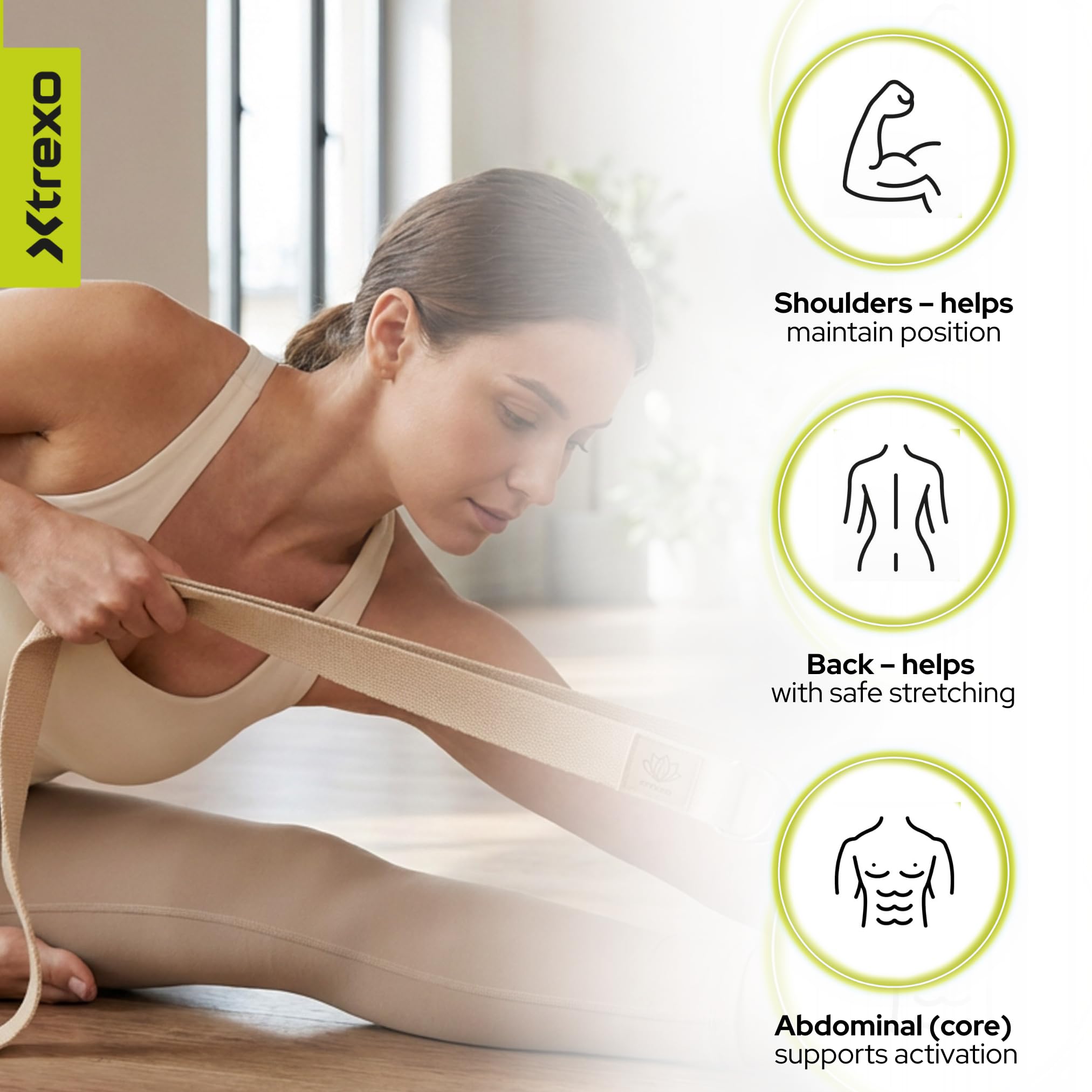 TREXO Sangle de yoga 183 x 3,8 cm - Boucle en forme de D - Réglage facile de la longueur pour différents asanas - Convient à différentes préférences - Accessoire idéal pour tout le monde
