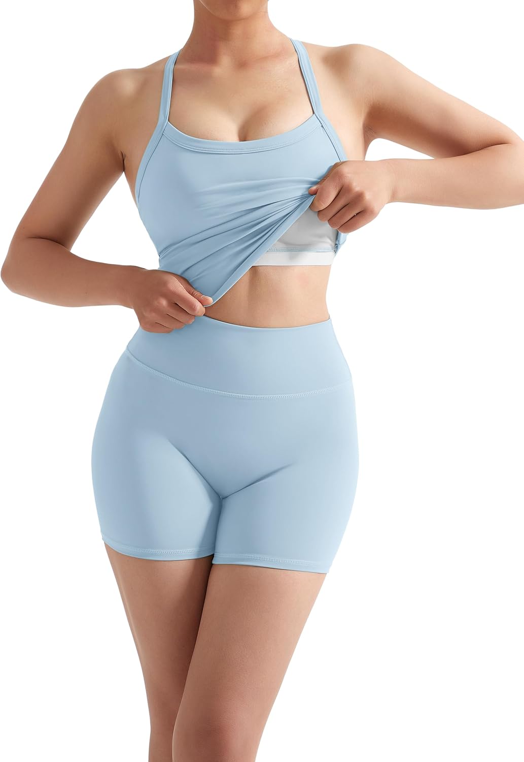 SUUKSESS Women 2 Piece Workout Sets High Waisted Tummy Control Biker Shorts Halter Padded Tank Tops - Image 4