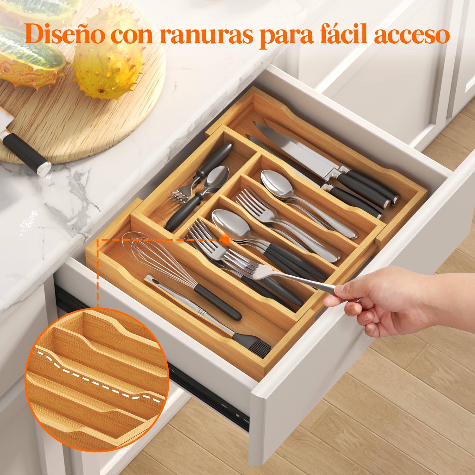 Lifewit Organizador Cubiertos de Bambú para Cajon, Extensible Bandeja Vajilla 24 a 40 cm, Profundidad de 33cm, Almacenaje Talheres para Cocina, Separador Ajustable para Utensilios/Cucharas/Herramienta