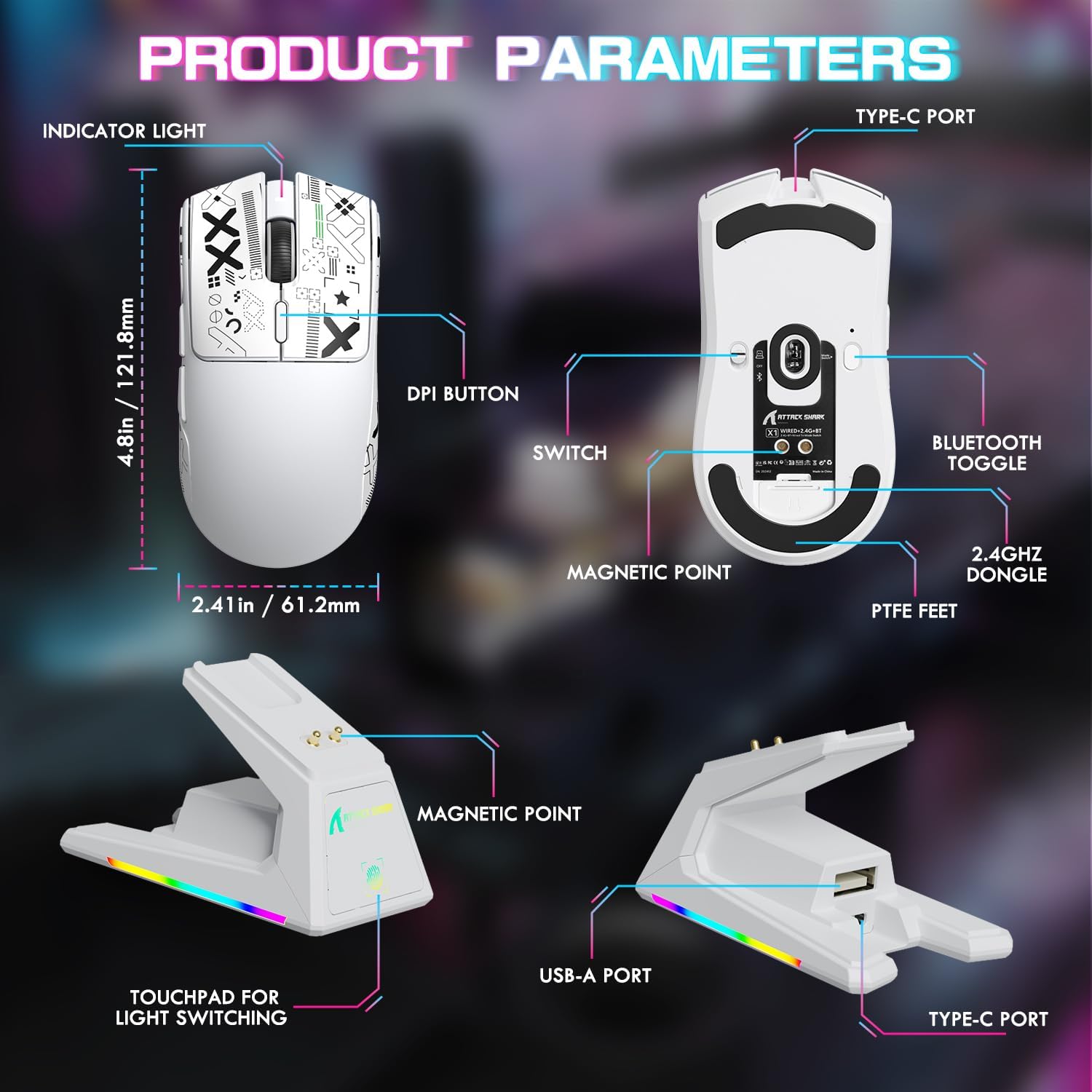 Diagram showing the components of the ATTACK SHARK X1 mouse and charging dock
