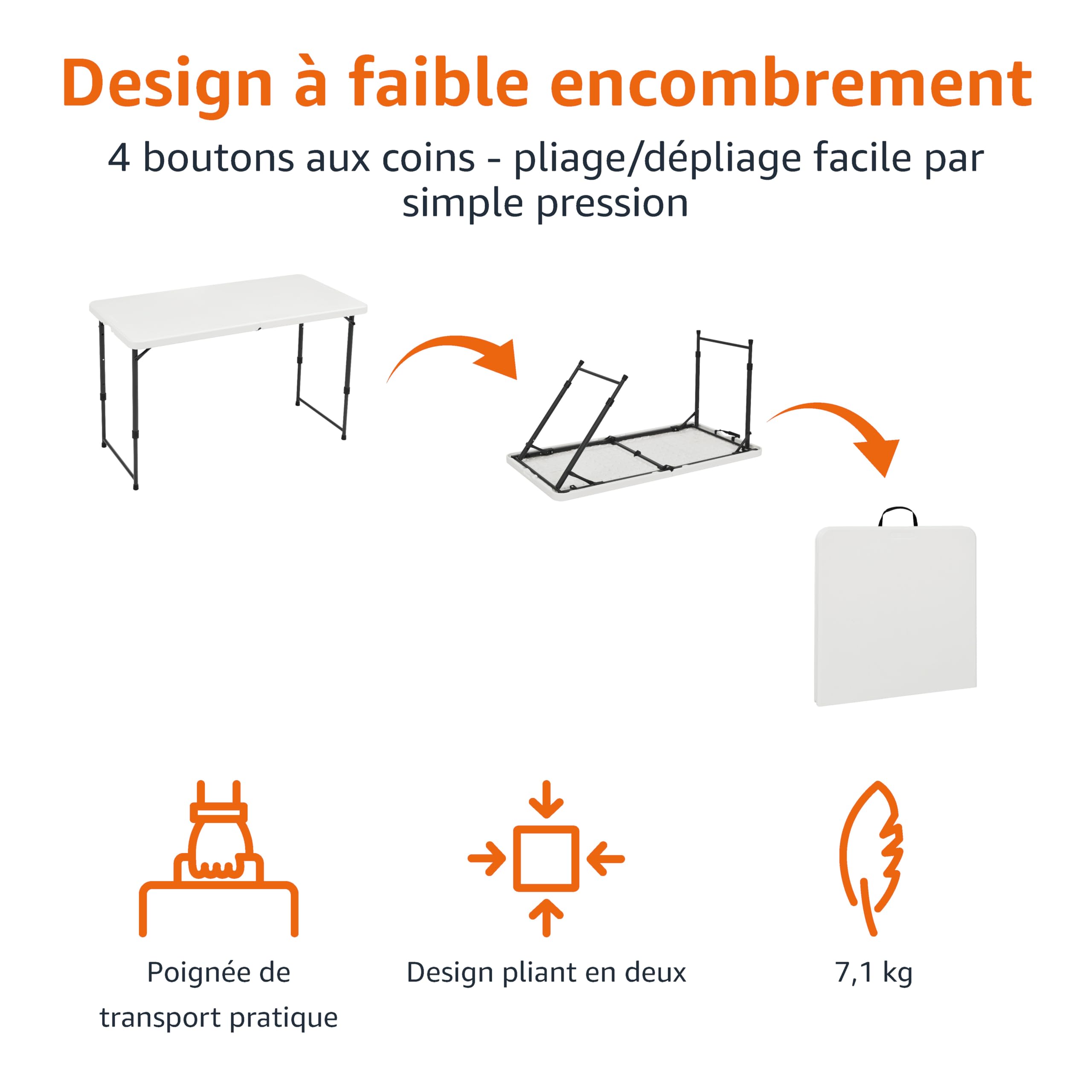 Amazon Basics Table Pliante rectangulaire Blanche, 4 hauteurs réglables, poignée de Transport, pour intérieur et extérieur, Portable, légère, pour Voyage, Pique-Nique, Camping, 121,4 x 60,7 x 86,1 cm