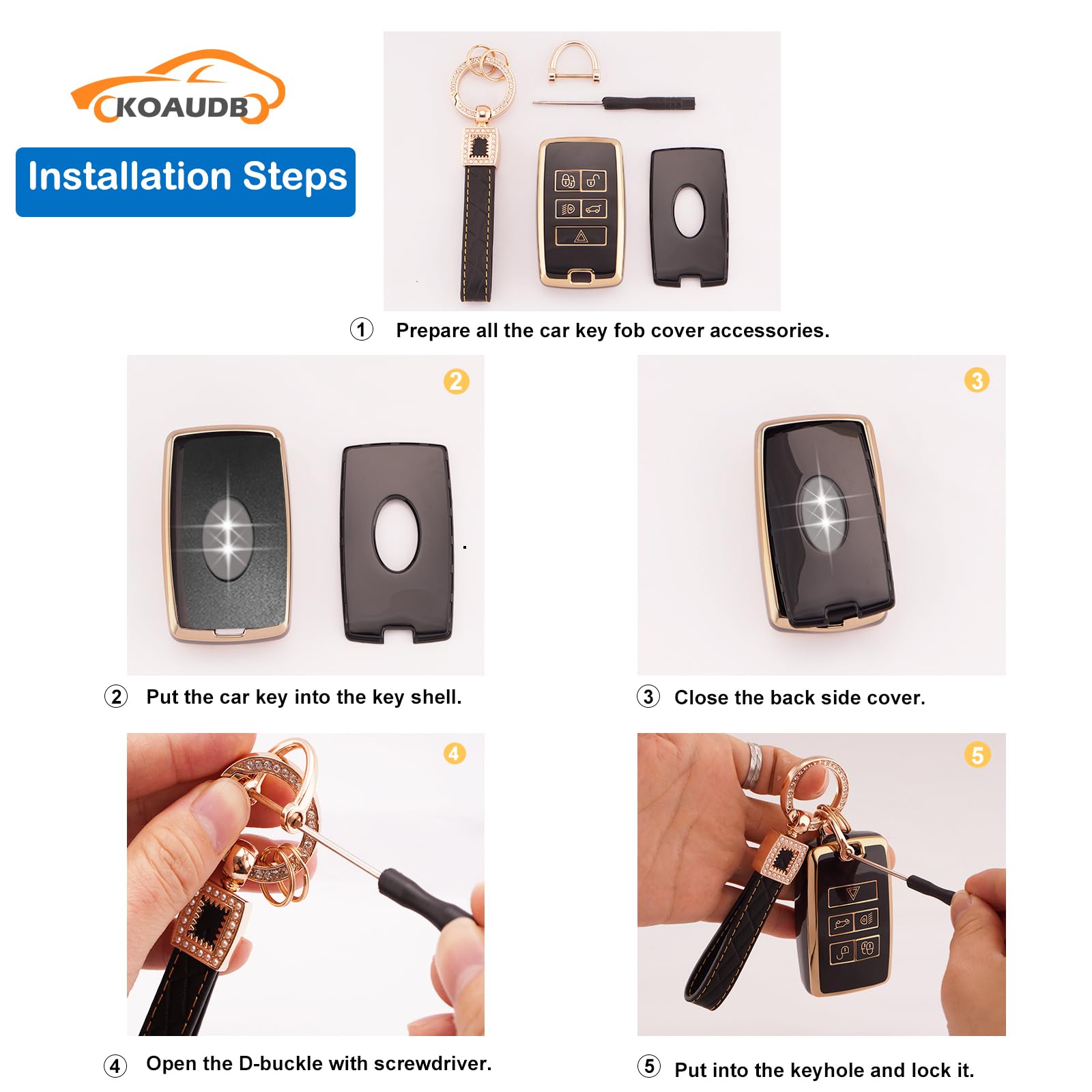 Car Key Cover - 5 Button Fob Case for Discovery Sport, Defender, Range Rover Evoque, Velar, Jaguar XE, XF, XJ - TPU Protection with Leather Keychain - Shell Black Gold — view 4