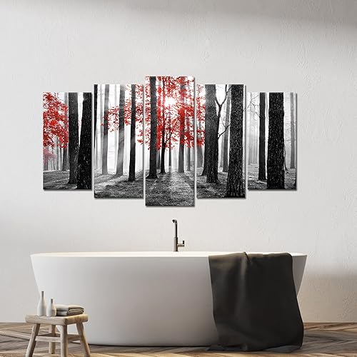 Miniatura 4 de Kalormore 5 piezas de árbol rojo en negro y blanco con niebla de bosque de sol, arte de pared, paisaje, naturaleza, paisaje, pintura, impresiones