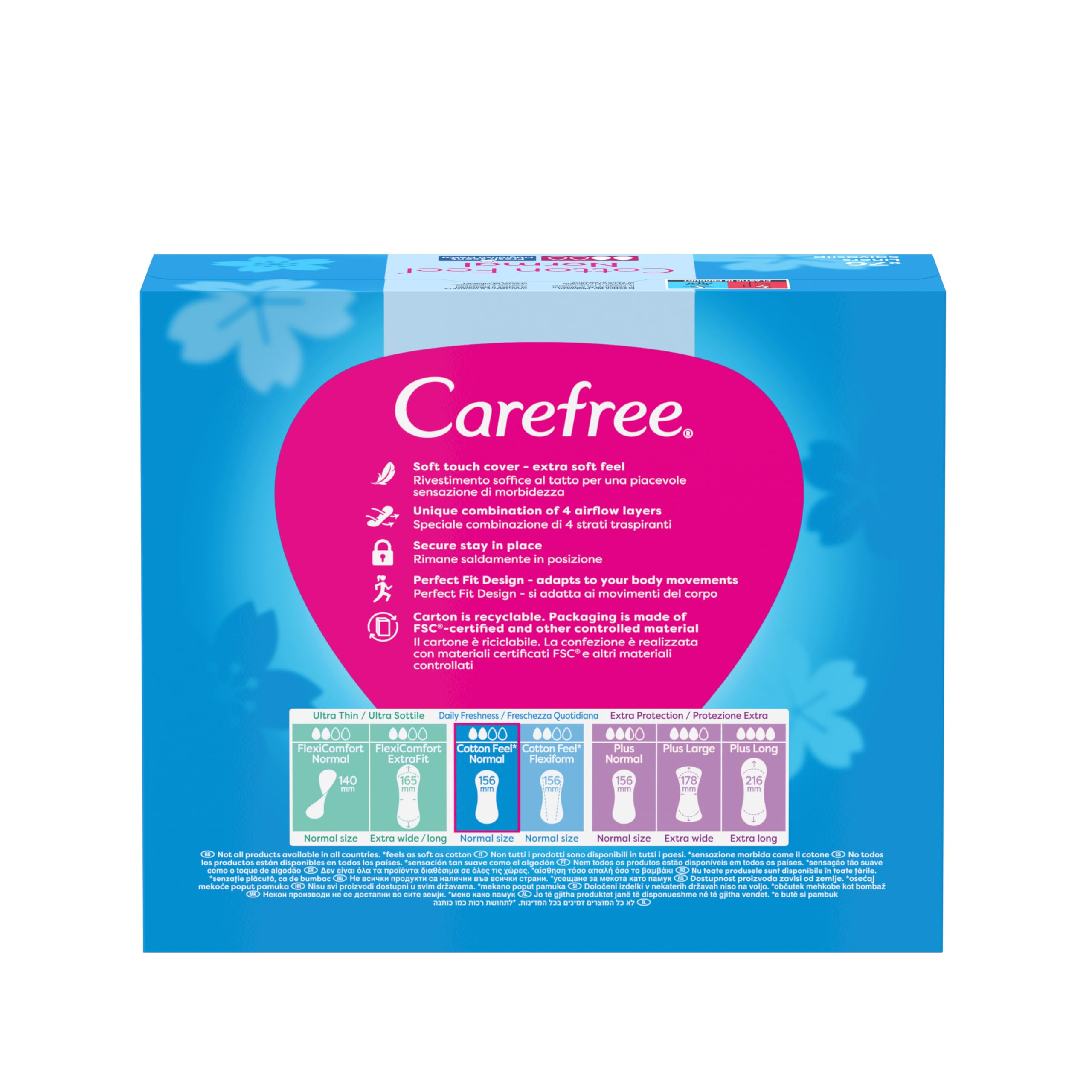 Carefree Cotton Fresh 76 szt. Wkładki higieniczne z naturalnym ekstraktem z bawełny o świeżym zapachu. Miękkie i łagodne dla skóry. Nie zawierają barwników. Niebielone chlorem.
