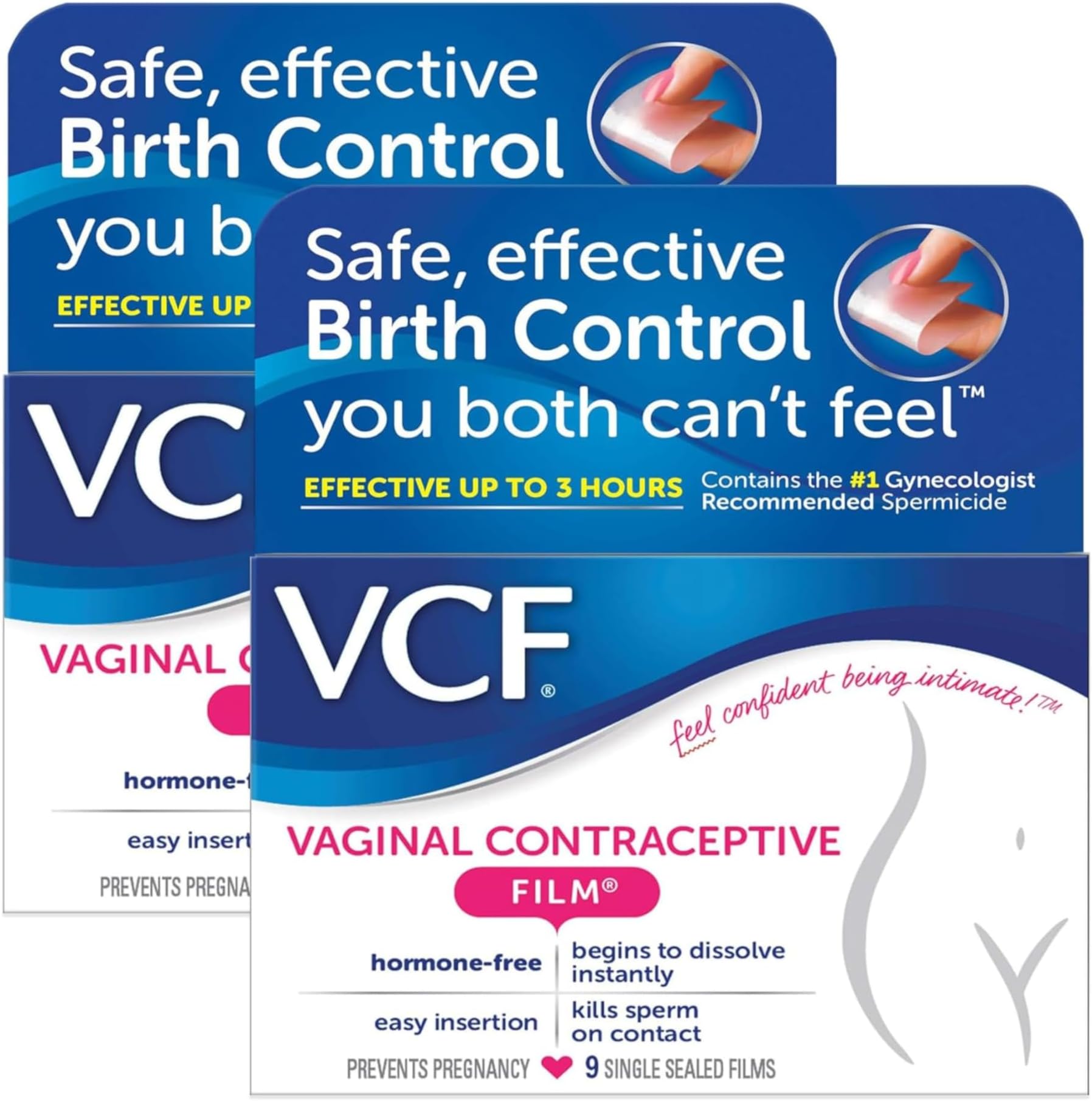 Vaginal Contraceptive Film with Spermicide, 2 Boxes of 9 Prevent Pregnancy, Nonoxyl-9 Kills Sperm on Contact, Hormone-Free, Easy to Use, Unnoticeable, 18 Total Films