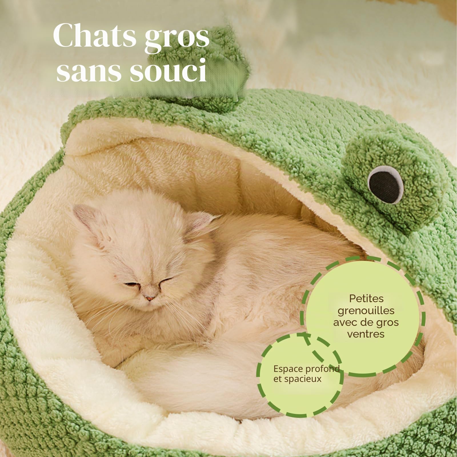 Lit pour chat - Coussin pour chat - Panier en forme de donut - Chaud et doux - En forme de grenouille avec dessous antidérapant - Beau lit pour chats et petits chiots (taille M - 50 cm